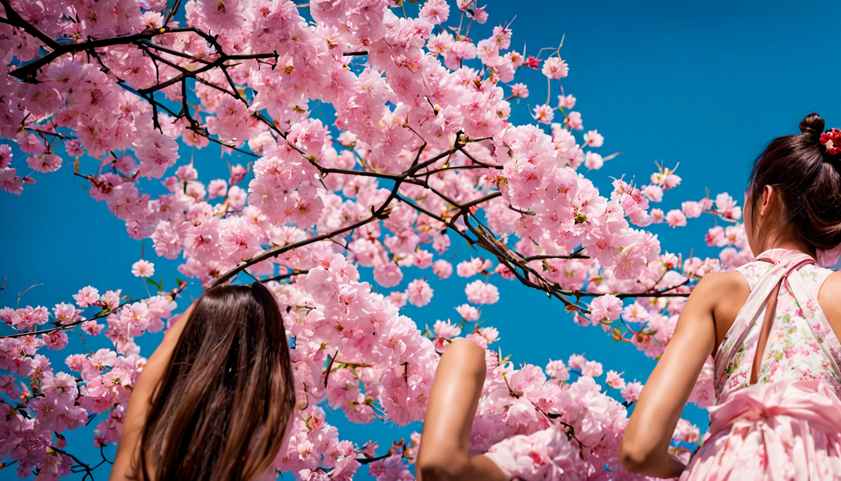 (master part:1.4), melhor qualidade, 4k, (blue skies:1.4), (Japan Street), Filtro Azul, brilho do sol, Cloud, Summer Seasons, cherry blossom particles, profundidade de campo, Small town with electric pole, With a beautiful girl walks and in Japanese costume.