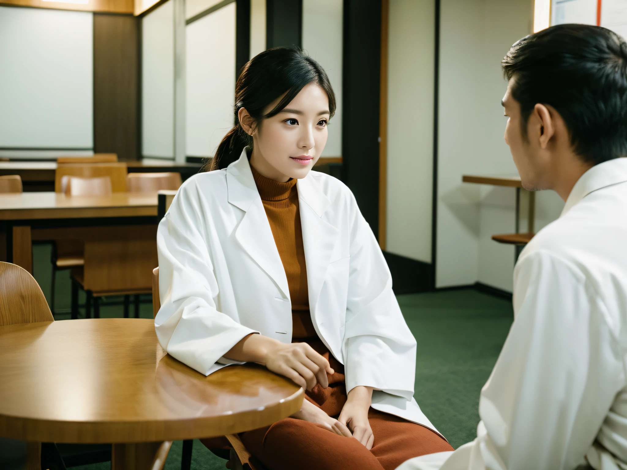 There is a woman sitting at a table talking to a man, advertisement picture, giving an interview, wearing lab coat and a blouse, interview, Color Image, half image, over the shoulder view, still film, Imagen, asian female, wearing a white lab coat, At the center of the image, wearing a haori, snap shot, Japan Man, white backgrounid, white desk, counseling