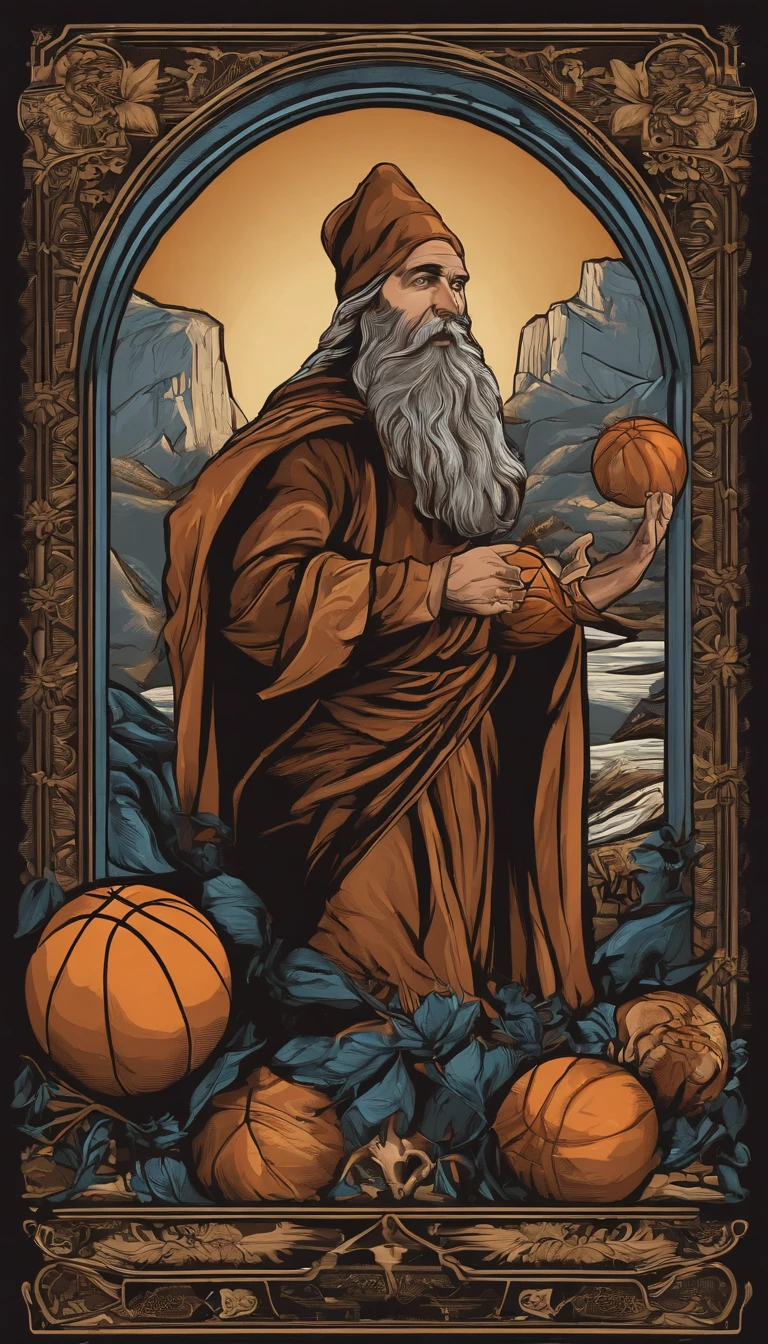 Wizard T-Shirts Vector Print With Beard Playing Basketball Greek Style Art Fused Into An Epic, Imagen detallada. Mastery in quality and lighting. Paisajes impresionantes e impactantes. Dynamic and powerful action. Efectos de sombra y luz mejorados. High-resolution masterpiece. State-of-the-art CG art. Incredible and immersive result.+",fondo negro ,arte png