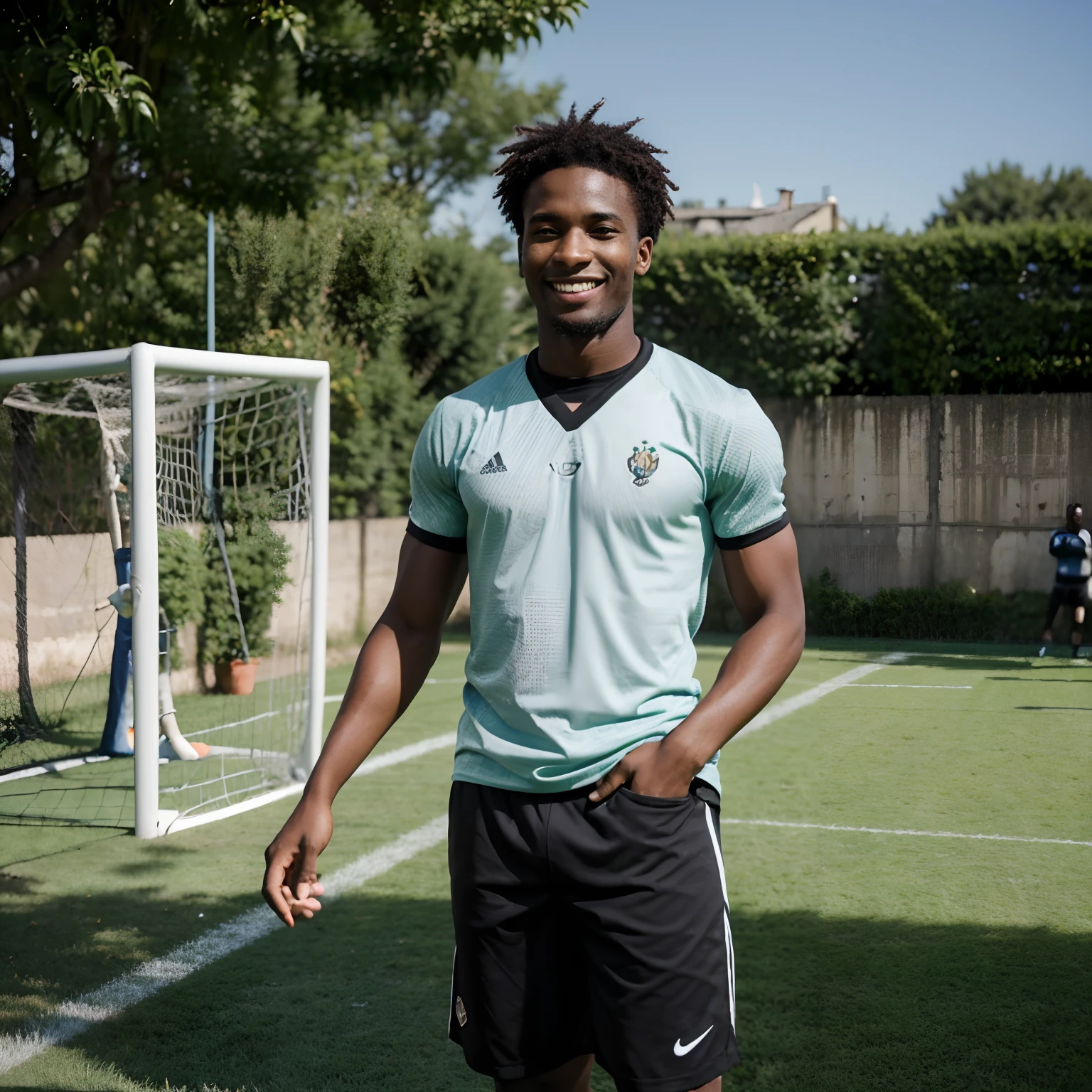 "Write a vivid description of a young black man, grand de taille, arborant un beau sourire, alors qu'il est en train de jouer au football. Describe their movements, son enthousiasme et l'ambiance autour du terrain de football."