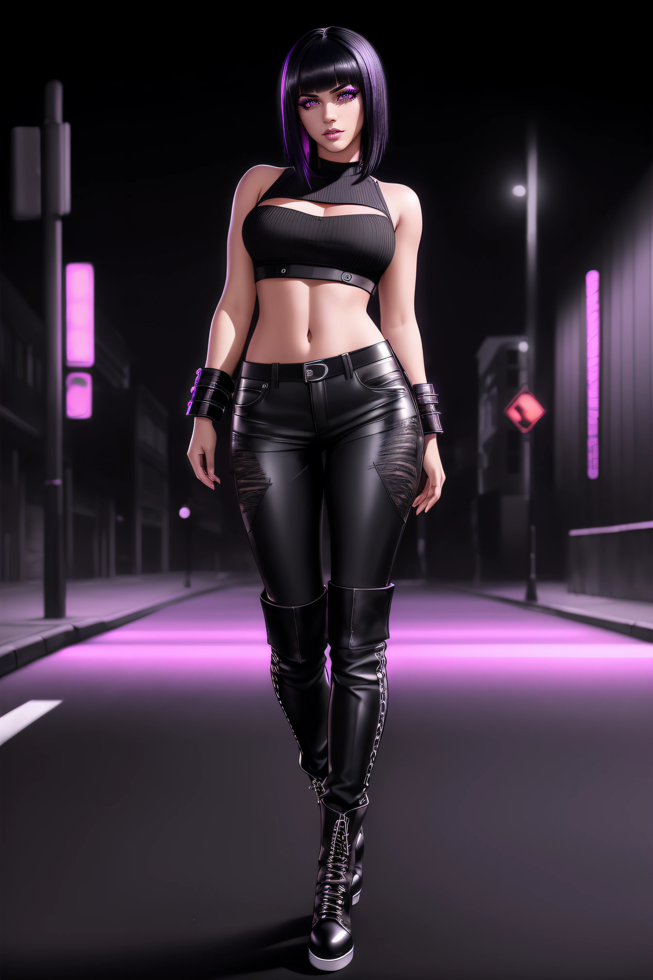 beautiful girl, ((standing:1.4)), (confident gaze:1.1), full body, short bright neon streaked black hair, ((realistic highly detailed eyes:1.4)), ((seductive pose:1.2)), black eyeshadow, (street style wear:1.2), ((tight fitted pants)), ((knee high leather boots)), (dark city night black background:1.4), dark makeup, digital art, trending on artstation, highly detailed, fine detail, intricate, detailed facial features, sharp focus, smooth, aesthetic,