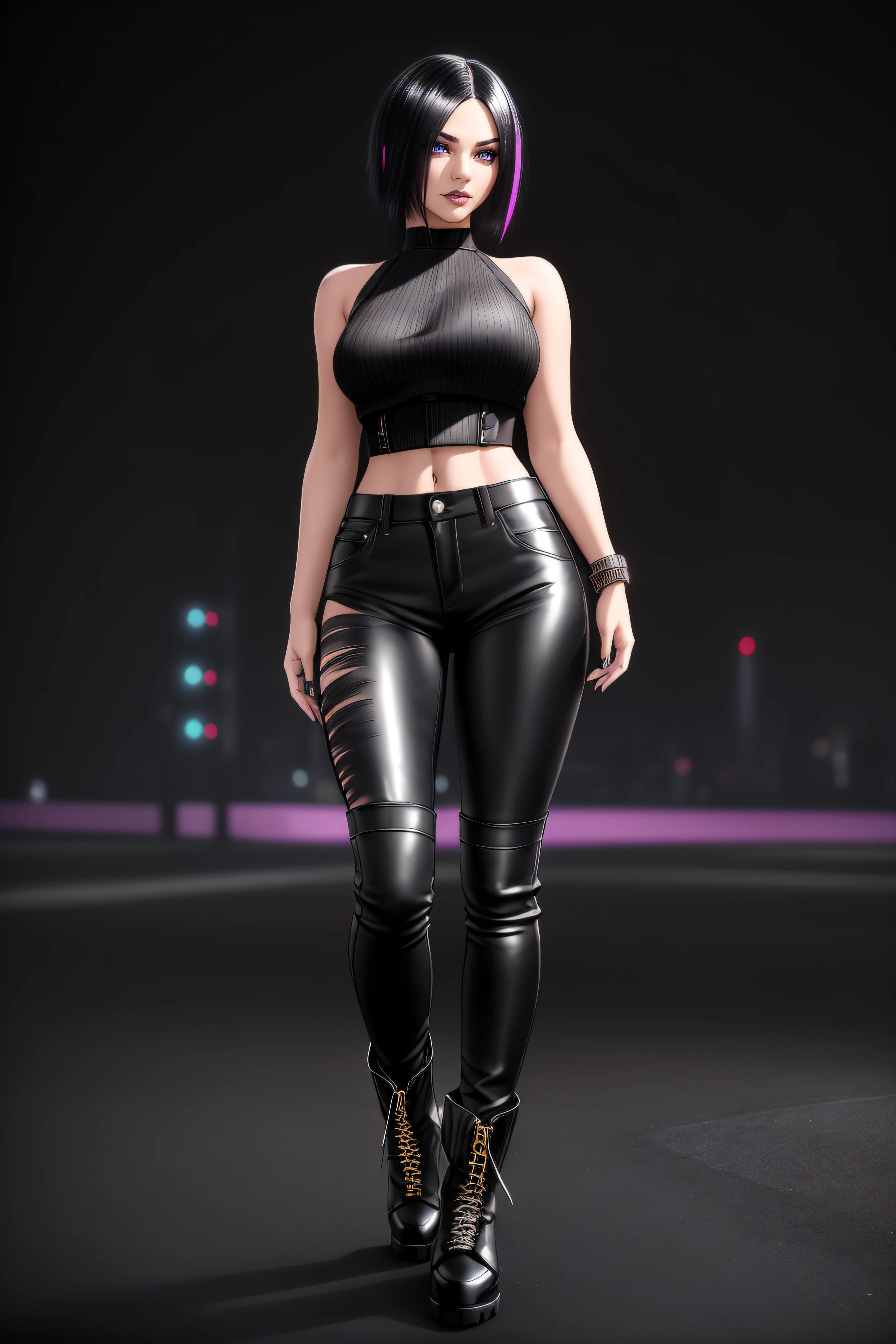 beautiful girl, ((standing:1.4)), (confident gaze:1.1), full body, short bright neon streaked black hair, ((realistic highly detailed eyes:1.4)), ((seductive pose:1.2)), black eyeshadow, (street style wear:1.2), ((tight fitted pants)), ((knee high leather boots)), (dark city night black background:1.4), dark makeup, digital art, trending on artstation, highly detailed, fine detail, intricate, detailed facial features, sharp focus, smooth, aesthetic,