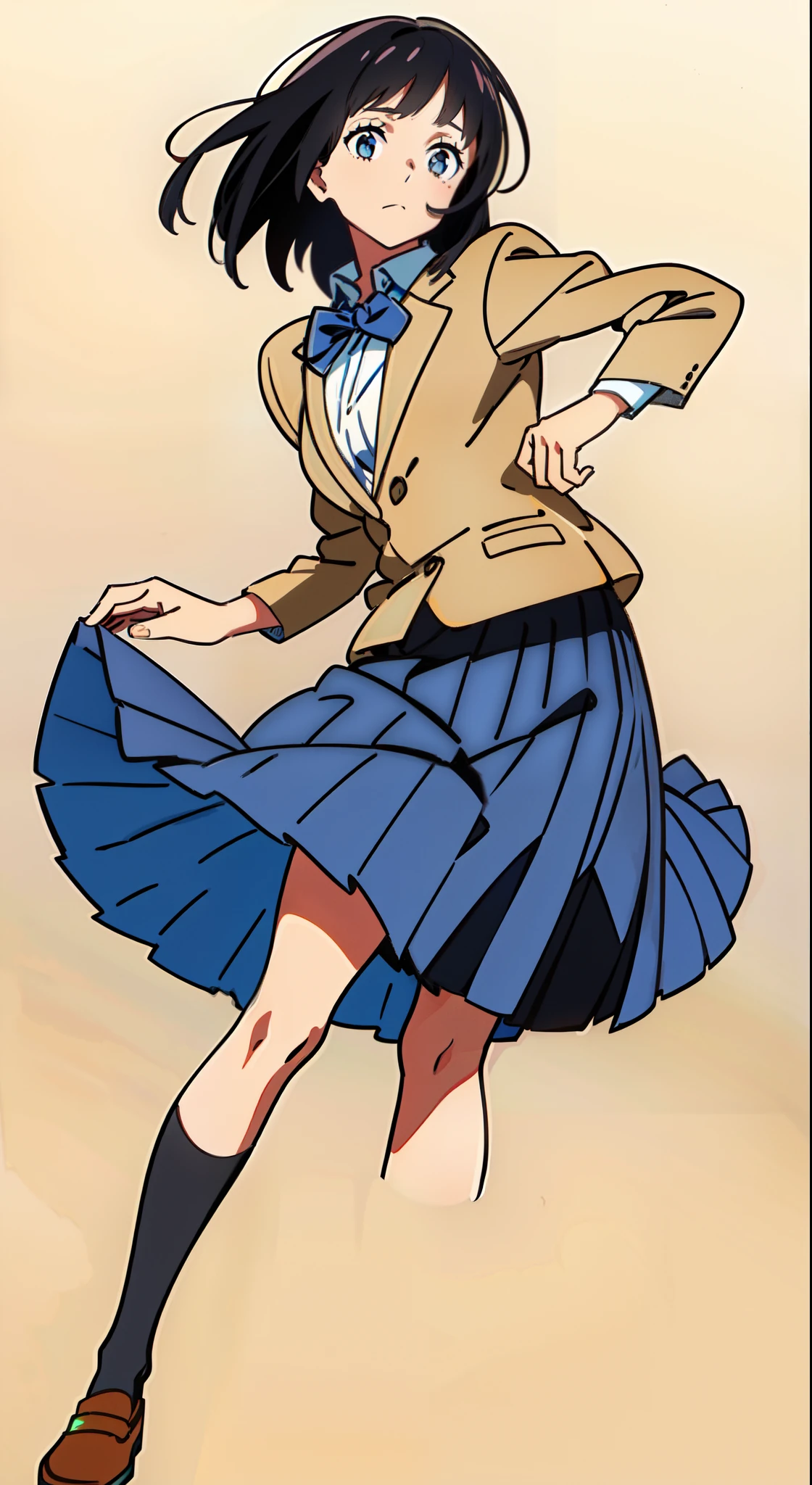(white background:1.2), (best quality:1.2), (masterpiece:1.2), (full body:1.0), (solo:1.0), (1 cute girl:1.0), (long skirt:1.2), (dark blue skirt:1.0), (pleated skirt:1.0), (school uniform beige blazer:1.2), (dark blue necktie:1.0), (black socks:1.0), (loafers:1.0), (tall:1.1), (slender:1.1), (small breasts:1.1), (detailed beautiful eyes:1.0), (detailed beautiful face:1.0), (glowing black eyes:1.0), (short hair:1.0), (strait hair:1.0), (black hair:1.0)