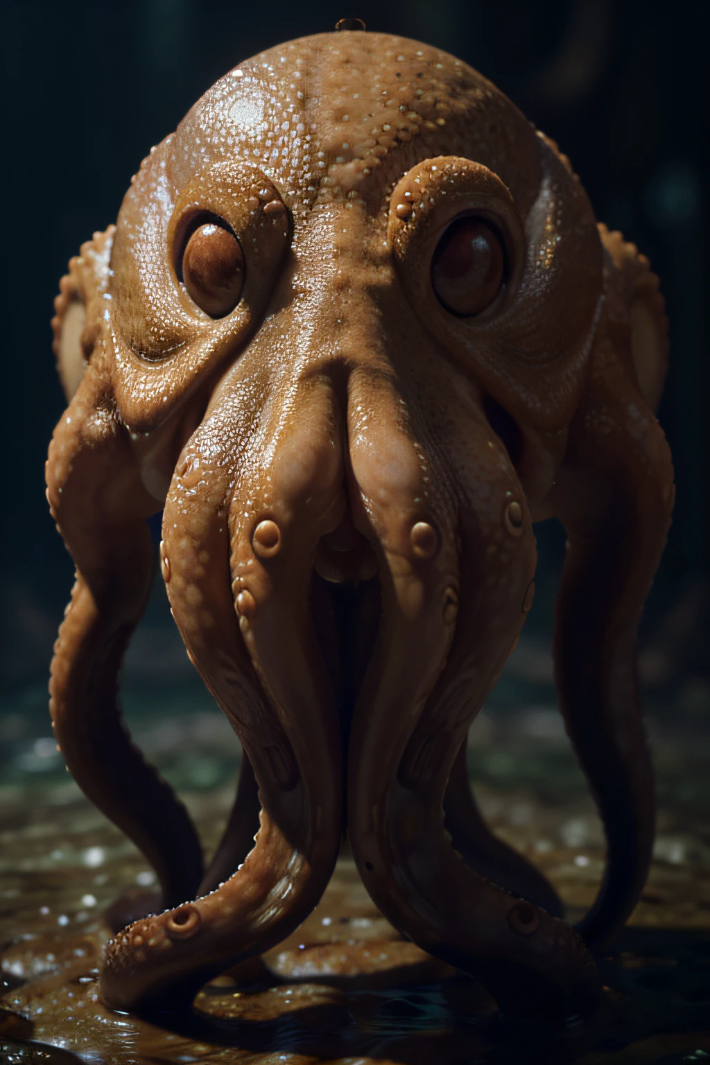 (extremadamente detallado, obra maestra, La mejor calidad), Estilo oscuro, intense illumination, rostro con arrugas, lengua larga, tentacle, deforme, monstruoso, interior de una piscina de agua verdosa, imagen submarina, alien con Colmillos finos, pico de pulpo amenazante. manchas de tinta. Rococo composition. Luz de caravaggio