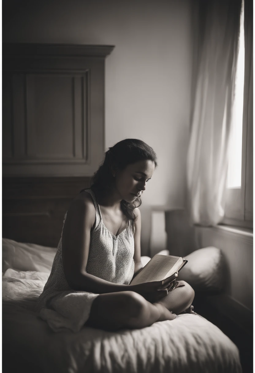 Retrato de um paiA person is sitting on his bed, visibly tired and discouraged. She holds a BIBLE in her hands, seeking comfort and hope.

CHARACTER (sighing) Even though my mind and body weaken...

The person closes their eyes, seeking inner strength.