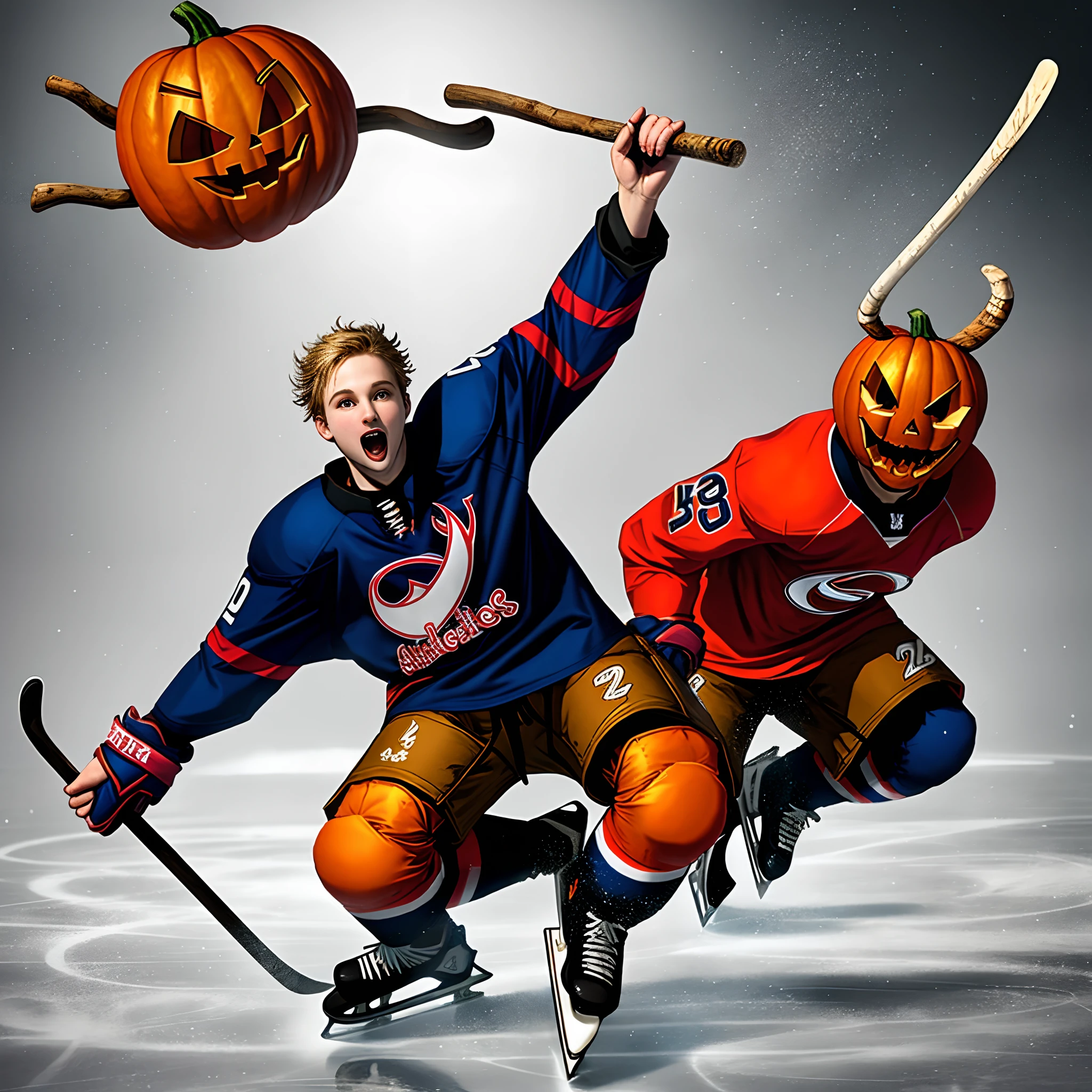 Hockey player skating with stick in air with evil pumpkin head