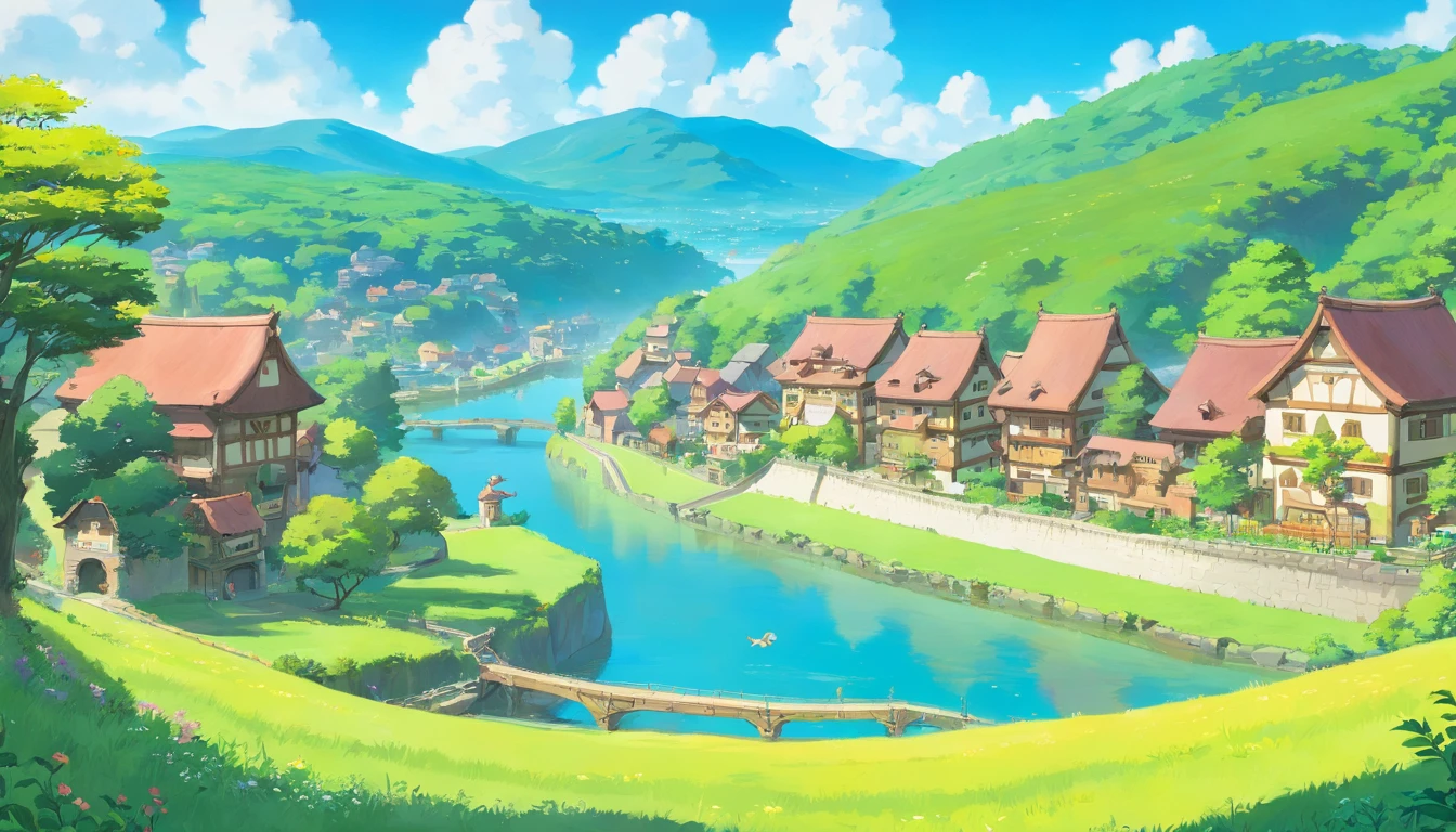 Scenery of meadows,There is a river with fish inside, Blue sky, Village district, anime big breast