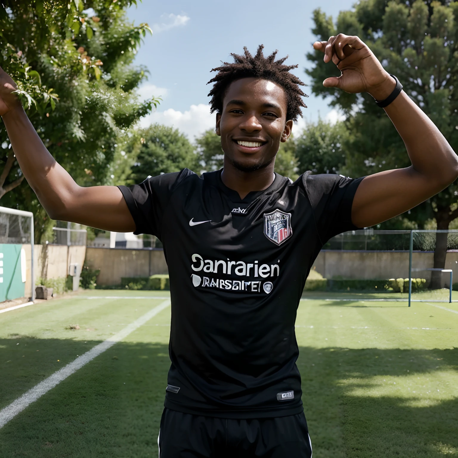 "Write a vivid description of a young black man, grand de taille, arborant un beau sourire, alors qu'il est en train de jouer au football. Describe their movements, son enthousiasme et l'ambiance autour du terrain de football."