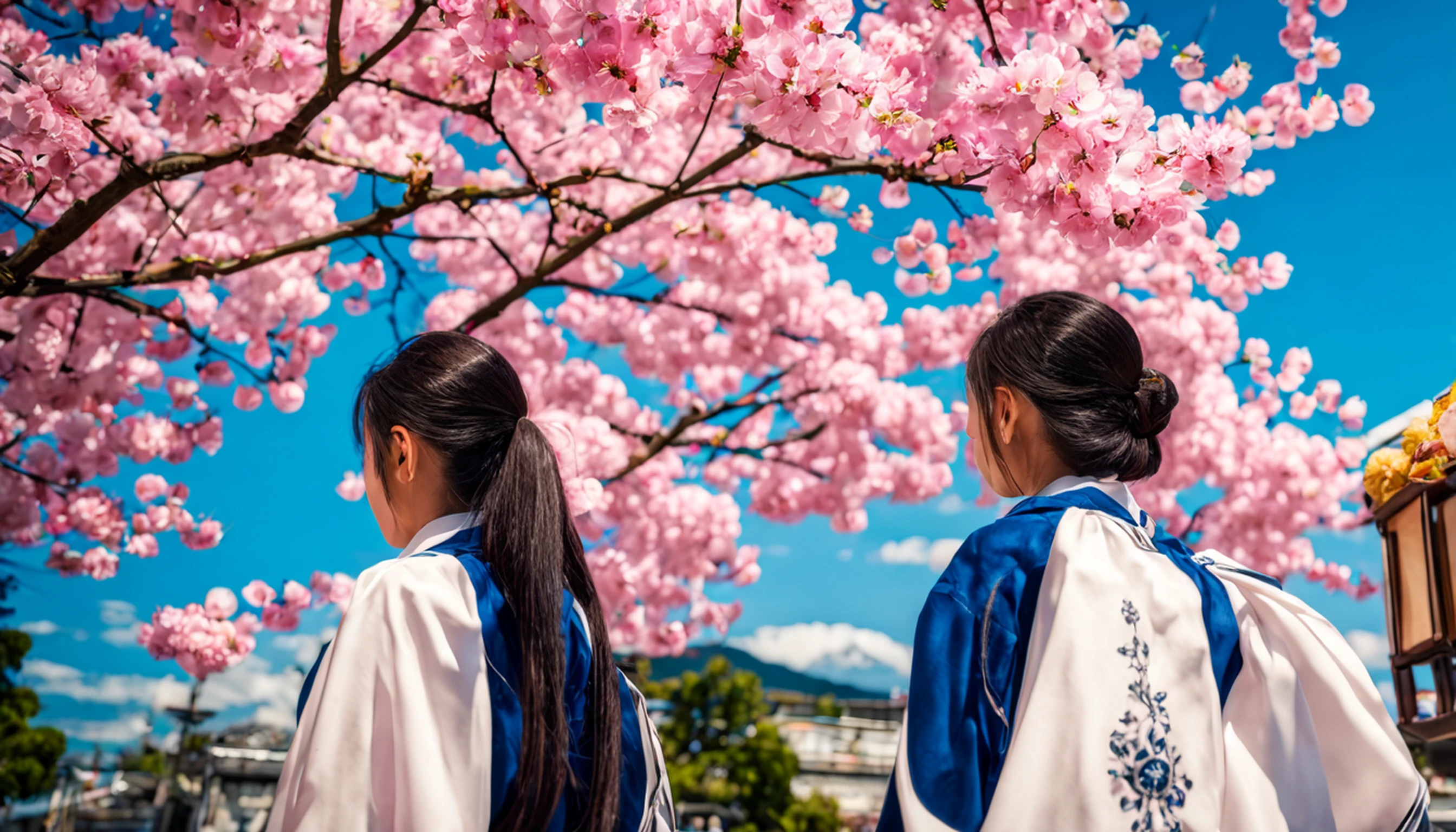 (master part:1.4), melhor qualidade, 4k, (blue skies:1.4), (Japan Street), Filtro Azul, brilho do sol, Cloud, Summer Seasons, cherry blossom particles, profundidade de campo, Small town with electric pole, With a beautiful girl walks and in Japanese costume.