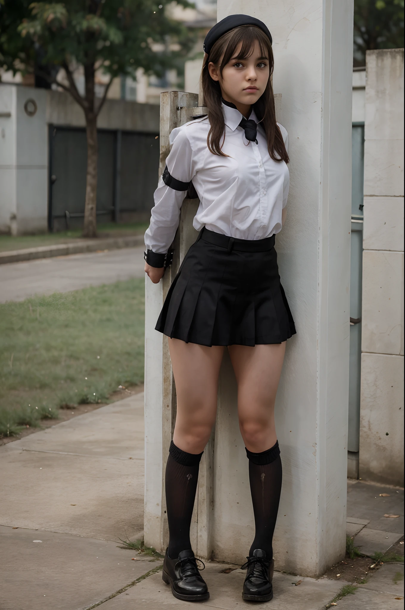 Bondage pole, very young school girl, uniform, sad face, cum on legs,