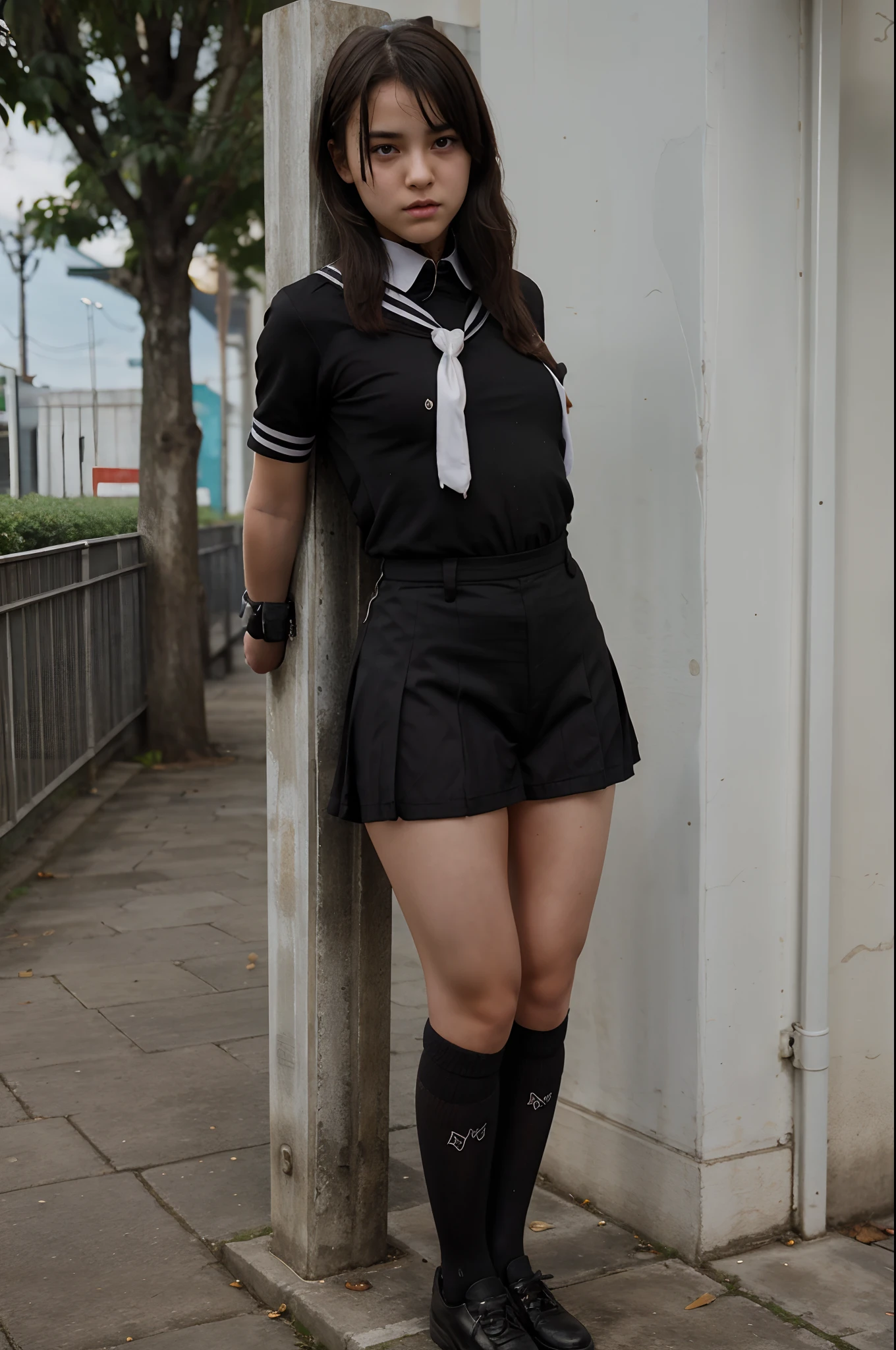 Bondage pole, very young school girl, uniform, sad face, cum on legs,