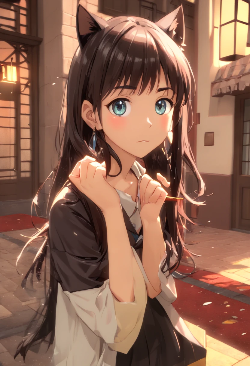 (8k, Foto RAW, La mejor calidad, Obra maestra:1.2), Lendres (Carril Azur), fantasy_mundo, 1 girl, (Aegyo Will:1), Lindo, Envejecido hacia abajo, (Jpop_idolmaster), Piel hermosa detallada, pechos enormes, Orejas de animales, cabello negro, Orejas de gato, ojos grises, pelo corto, Mano triste en la cara,  (fotorrealista:1.8), Focus_en_cara, Mirando hacia abajo, Brazo en alto,  leche soleada, Professional lighting, Mapeo de fotenes, Radiosidad, physically based representation, tag, al aire libre,