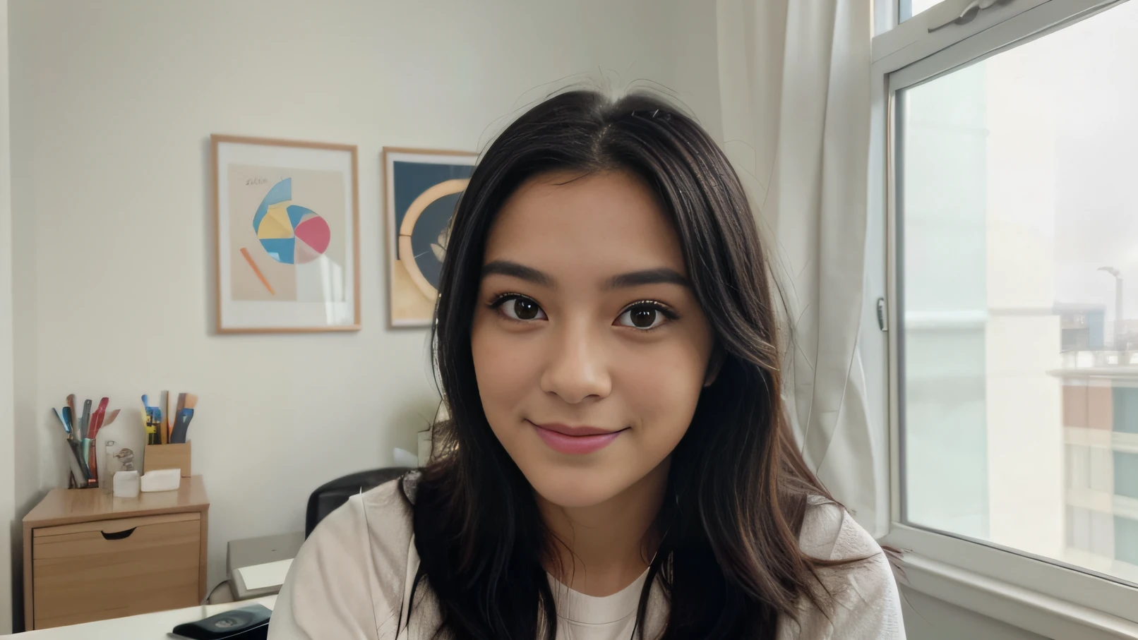 portrait of a cute girl FILMING HERSELF FOR YOUTUBE , sitting correctly in an office, black hair, explaining, long eyelashes, upper body, solid circle eyes, cute small nose , light smile, facing viewer, Surrealism, drop shadow, 8k, super detail, best quality, 1080P, 1080P, 1080P, 4K, 8k, 16k, HD, 1080P