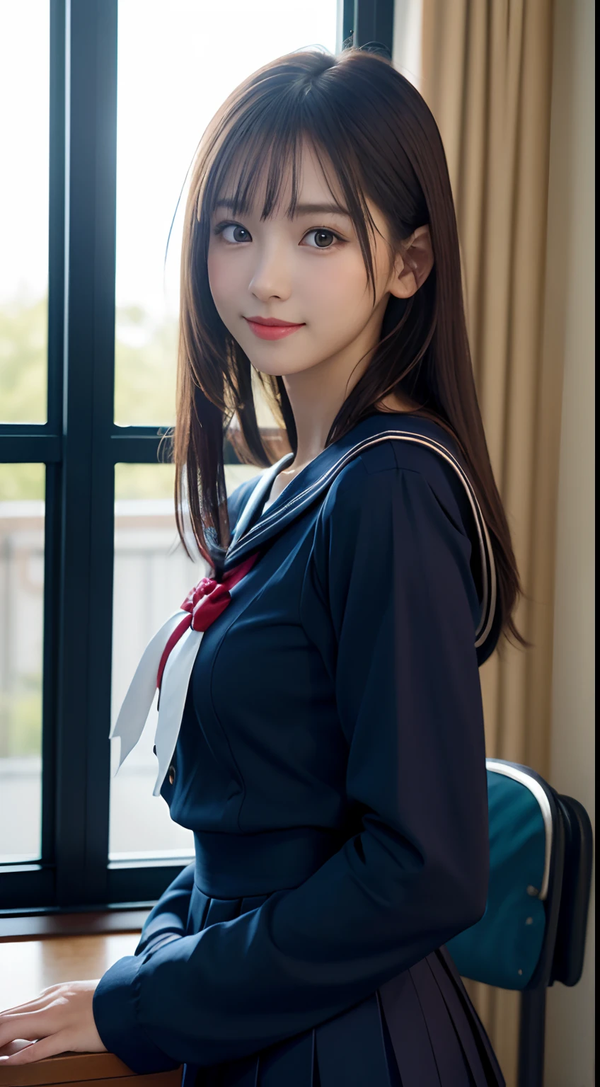 White see-through blouse,Face Interview, (Photo Real:1.4), (hyper realisitic:1.4), (realisitic:1.3), (Smooth lighting:1.05), (Improve video lighting quality:0.9), 1womanl, An 18-year-old woman, Realistic lighting, Back lighting, Facial light, raytrace, (cheerfulness:1.2), (Improved image quality:1.4), (Finest Real Textured Skins), finely eye, a small face, Red cheeks, skinny body, medium-breasted pointed jaws,,,,,,,,, Japan idol system, Nogizaka Idol, glowy skin, hposing Gravure Idol, P, Blunt bangs, Black hair, hair behind ear, hair over shoulder, Long hair,Tear bag,Summer plateau、no-makeup、(Navy blue long-sleeved sailor school uniform:1.2)