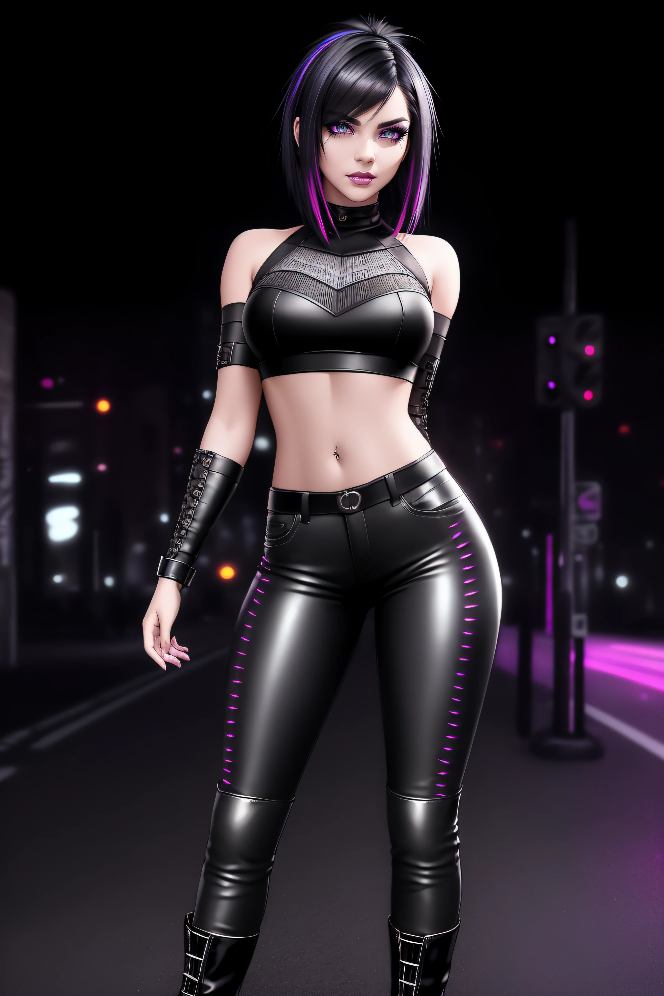 beautiful girl, ((standing:1.4)), (confident gaze:1.1), full body, short bright neon streaked black hair, ((realistic highly detailed eyes:1.4)), ((seductive pose:1.2)), black eyeshadow, (street style wear:1.2), ((tight fitted pants)), ((knee high leather boots)), (dark city night black background:1.4), dark makeup, digital art, trending on artstation, highly detailed, fine detail, intricate, detailed facial features, sharp focus, smooth, aesthetic,