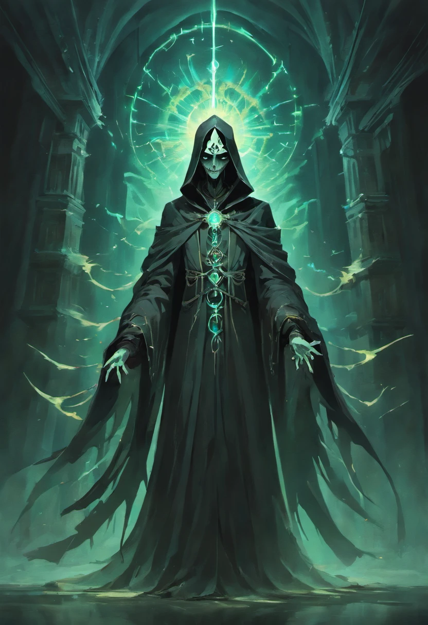 Bold graphic illustration, by Alejandro Burdisio, In a stunning anime style, In a chillingly enchanting composition, a sinister necromancer exudes an otherworldly aura, surrounded by ethereal energy and apparitions in a light painting photograph. The central figure, dressed in tattered black robes, emanates a twisted elegance. His pale, gaunt face showcases sunken, piercing eyes that seem to glow with an eerie, spectral light. Long, skeletal fingers extend from his cloak, as if reaching towards the spirit realm. The image, captured with meticulous precision, reveals intricate details and vivid colors, heightening the sense of supernatural presence. The rich tones and textures convey a sense of mastery in the creation of this haunting visual masterpiece,  dark lights, nightmare, stary night, splash arts, bokeh, photo, 8k, shot on camera Canon 1DX, 50 mm f/2.8 lens, raw