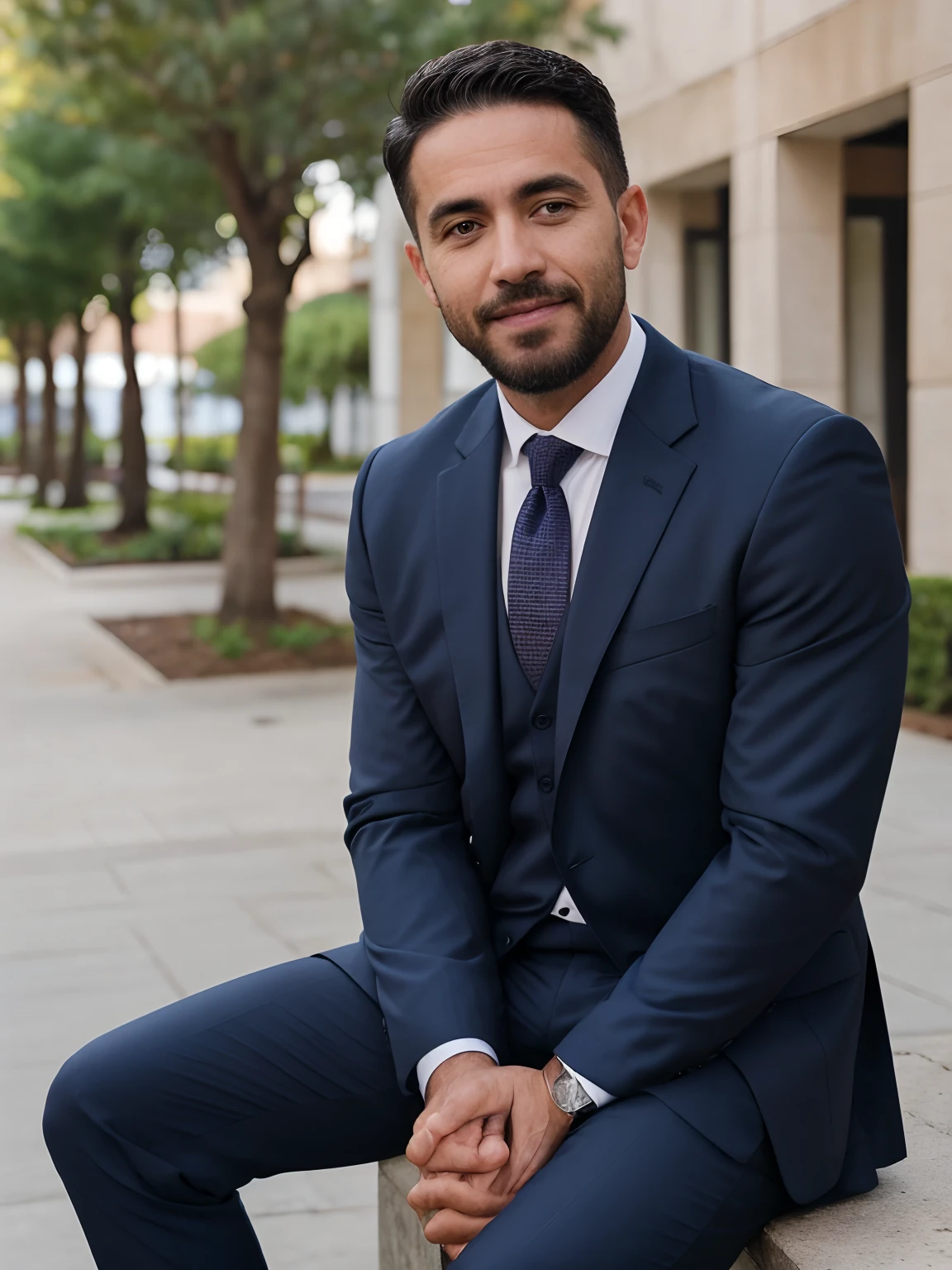 (Foto RAW:1.2), a man wearing a business suit sitting outside, barba, Cansado, candid shot, best quality, 8k, UHD, fotorrealista