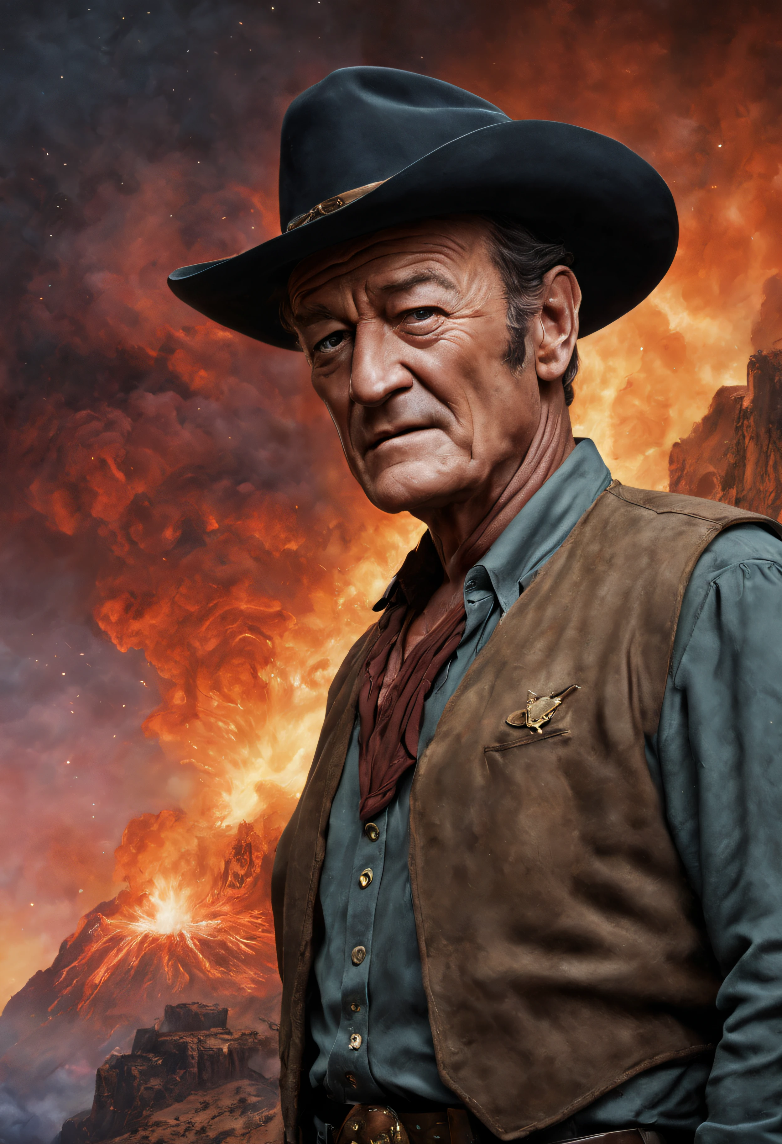a facial portrait of John Wayne, oil painting on canvas in the art style of Caravaggio, Thomas Kinkade, Neal Adams, Frank Frazetta, Boris Vallejo, Rembrandt, extremely colorful, outer space, planets, stars, galaxies, fire, explosions, smoke, volcanic lava, craggy mountain peaks in the background, 32k UHD, 1080p, hyper realistic, photorealistic, realistic, 1200ppi, 2000dpi, Highly detailed, extremely sharp, vibrant, colorful, well lit, full field of depth, professional quality studio image