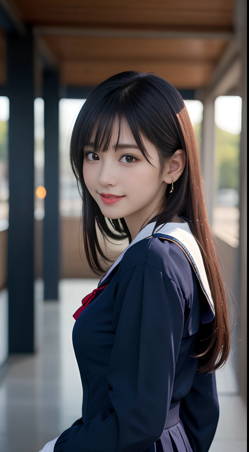 White see-through blouse,Face Interview, (Photo Real:1.4), (hyper realisitic:1.4), (realisitic:1.3), (Smooth lighting:1.05), (Improve video lighting quality:0.9), 1womanl, An 18-year-old woman, Realistic lighting, Back lighting, Facial light, raytrace, (cheerfulness:1.2), (Improved image quality:1.4), (Finest Real Textured Skins), finely eye, a small face, Red cheeks, skinny body, medium-breasted pointed jaws,,,,,,,,, Japan idol system, Nogizaka Idol, glowy skin, hposing Gravure Idol, P, Blunt bangs, Black hair, hair behind ear, hair over shoulder, Long hair,Tear bag,Summer plateau、no-makeup、(Navy blue long-sleeved sailor school uniform:1.2)