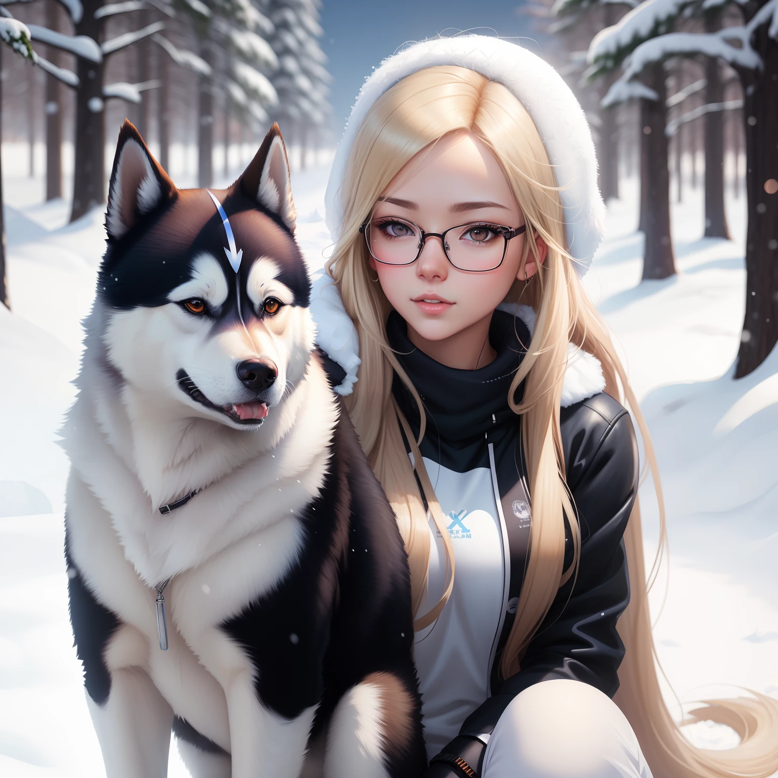 blond woman with glasses and a husky dog(brown eyes) in the snow, artwork in the style of guweiz, realistic anime artstyle, realistic anime 3 d style, realistic anime art style, in anime style, range murata and artgerm, anime realism style, 3 d anime realistic, anime styled digital art, realistic anime, alena aenami and artgerm