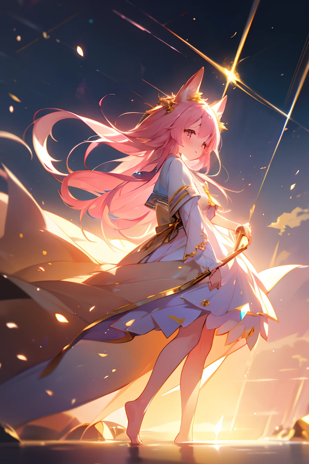 (best quality1.4)++, (masterpiece1.4)++, (detailed1.4)+, 1girl, cute face, fox girl, ice queen, (long pink hair)+, elegant, royal, cute, barefoot, detailed pink jacket, cute multilayered skirt, gold jewelry, full body shot, natural lighting, soft lighting, dramatic lighting, highly detailed, unreal engine, bokeh, 8k uhd, raytracing, lumen reflections, volumetric fog, Digital art, character design, concept art, divine, celestial, featured on pixiv, epic composition