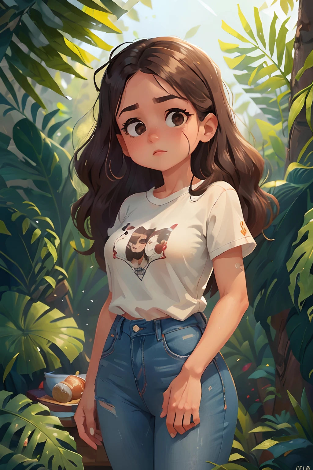 mulher de 30 anos, de pele branca, olhos castanhos, cabelo castanho curto, Is standing wearing jeans and a white shirt. Is serious chatting perfect quality, Foco claro, (desordem - casa: 0.8), (obra-prima: 1.2) (realista: 1.2) (Bokeh) (melhor qualidade) (pele detalhada: 1.3) (detalhes intrincados) (8k) (olhos de detalhe) (foco nítido),
