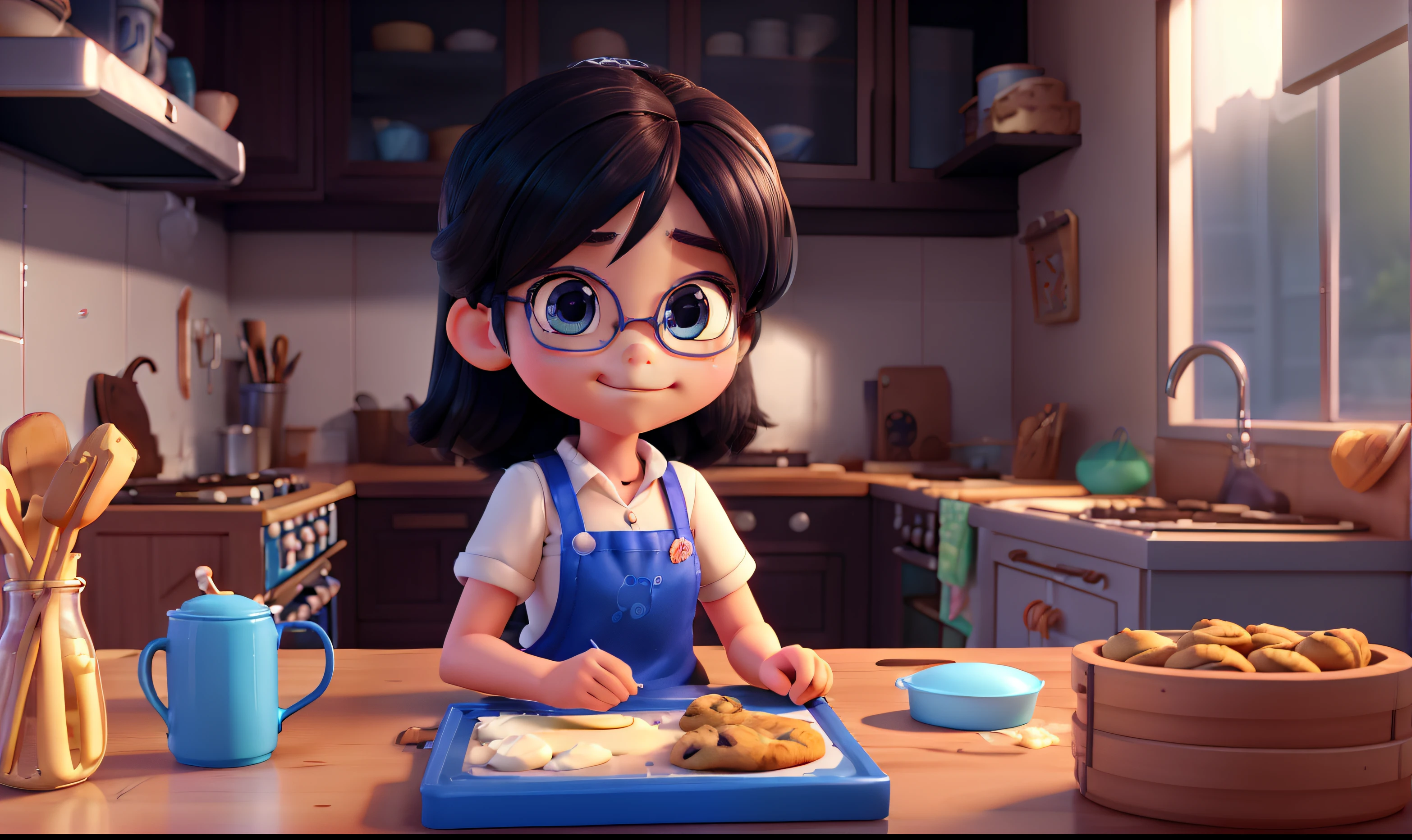 girl baking cookies, cookie tray, small character. Unreal Engine 5, stylized anime, highly detailed character, 3D style anime, realistic 3D anime style, close-up character, stylized 3D, blue face unreal engine, stylized 3D rendering, realistic 3D character, stylized character, rendered in unreal engine