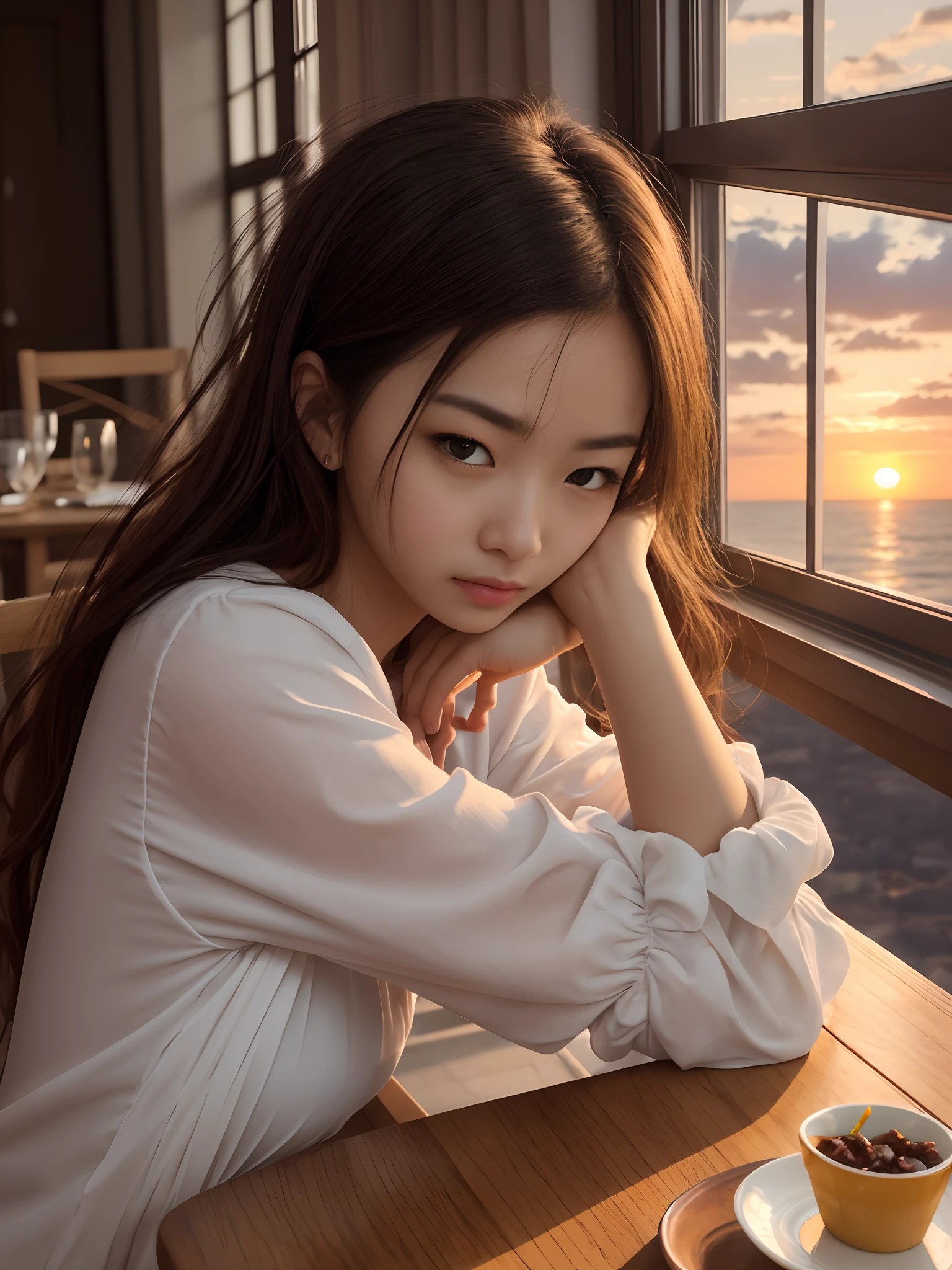 photo of a beautiful, disheveled woman with a tired expression leaning with her elbows on a table looking towards the window where she observes a beautiful sunset --auto --s2