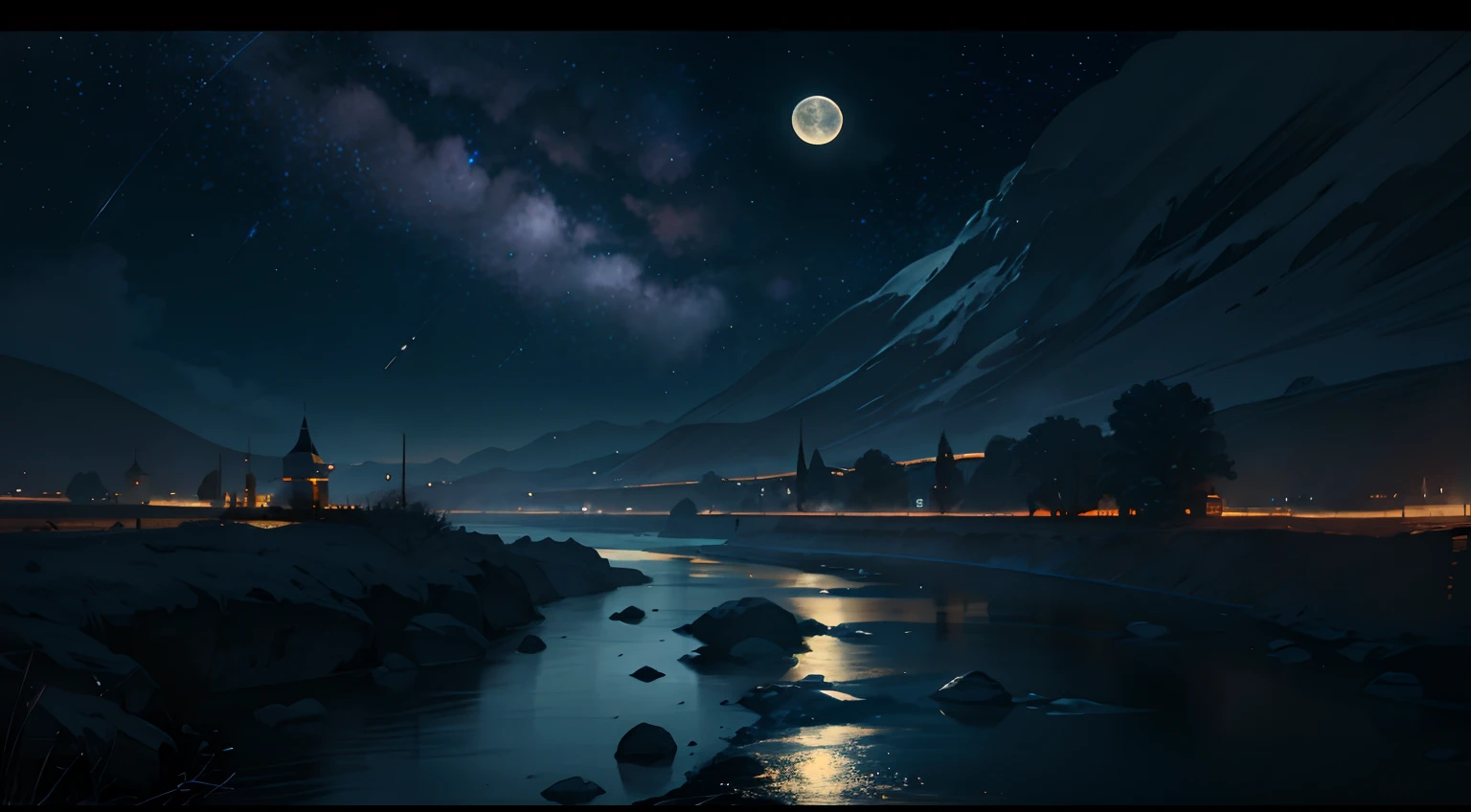 A painting of a river with stars and moon in the sky, concept art inspired by Tosa Mitsuoki, pixiv contest winner, best quality, fantasy art, beautiful anime scene, a bright moon, moonlit starry environment, dream painting, Anime Background Art, Fantasy Landscape Art, Fantasy Night, Anime Background, Background Artwork, Fantastic Art, Atmospheric Anime, Starry Sky, Detail Enhanced.