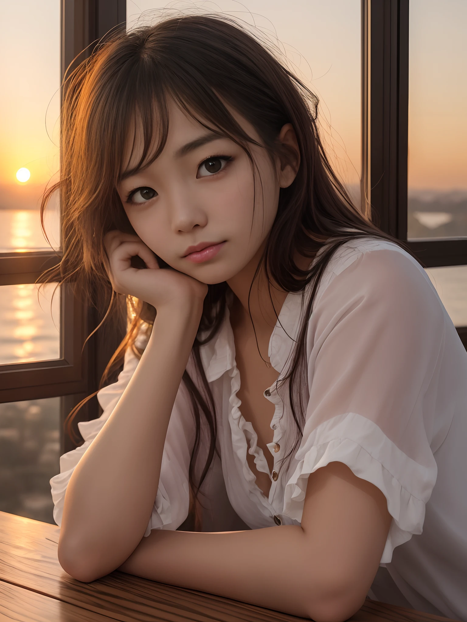 photo of a beautiful, disheveled woman with a tired expression leaning with her elbows on a table looking at a window with a beautiful sunset --auto --s2