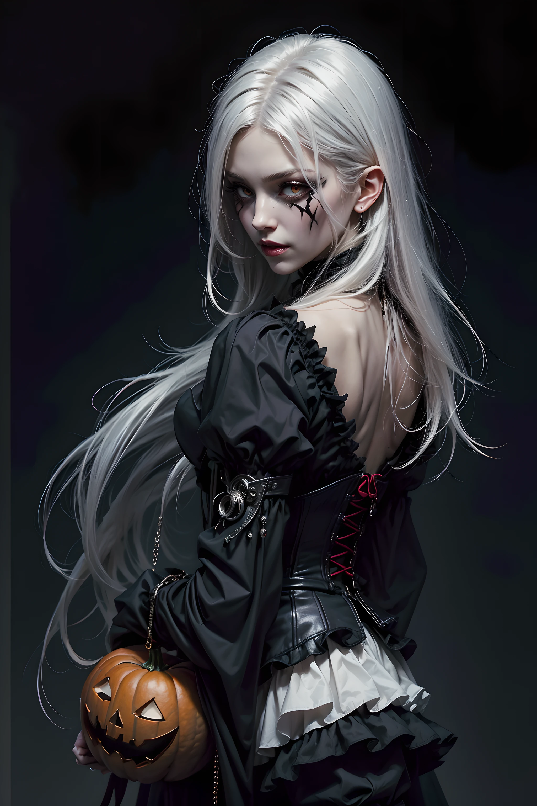 (Halloween theme:1.3), (fantasy:1.3), (vampire queen:1.3), (silver long hair:1.3), (red eyes:1.3), (vampire fangs:1.3), (extremely pretty and beautiful vampire queen:1.3), BREAK, Beautiful illustration, top-quality, (cute Russian vampire queen:1.3, Caucasian:1.3), having vampire features, (vampire queen:1.5), BREAK, (red eyes:1.5, pale skin:1.1), (beautiful, 20 years old:1.5), slim, slender, (big sagging breasts), (clean face:1.3), (vampire fangs:1.3), (ash hair:1.3), (white hair:1.3), (silver hair:1.3), BREAK, (fusion of red medieval cape dress and black elegant full lacy gothic dress), (latex corset), (black latex stockings), (knee-high-over-boots, pin-hells), (insanely detailed clothes), (halloween costume), BREAK, ((arms back:1.5)), blue eyess, lovely thighs, (jack o'lantern:1.3), (looking straight at the viewer), (view viewer:1.3), (upper body:1.3), top angle, simple black background, (((dark background:1.5))), (halloween:1.5), (halloween background:1.5), (low-key lighting, (moody ambiance):1.2, dark shadows, subtle highlights, mysterious aura),