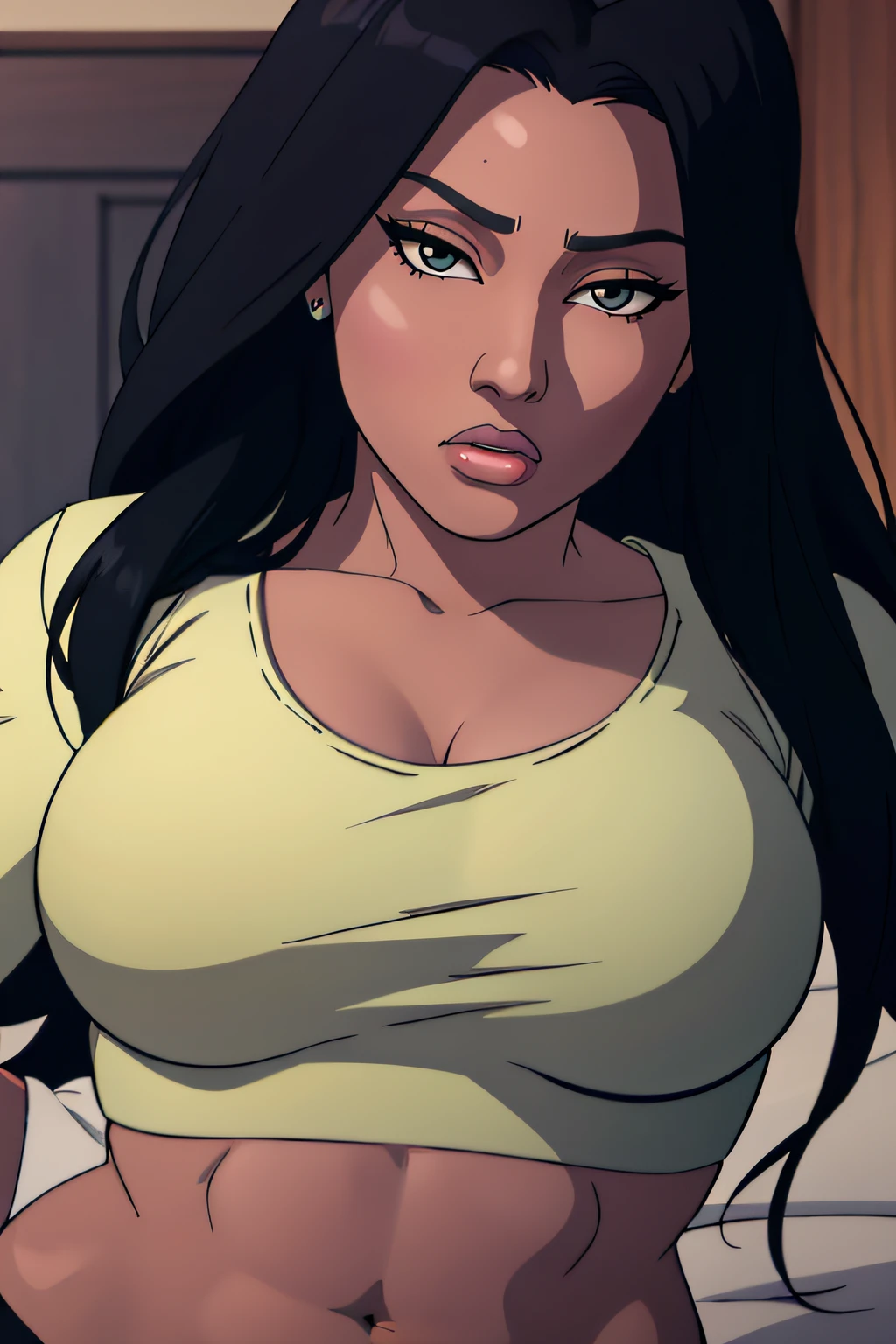 ((1girl athletic)) dark skin black hair very long hair grey eyes large breasts long sweater midriff close up highly detailed eyes seductive expression