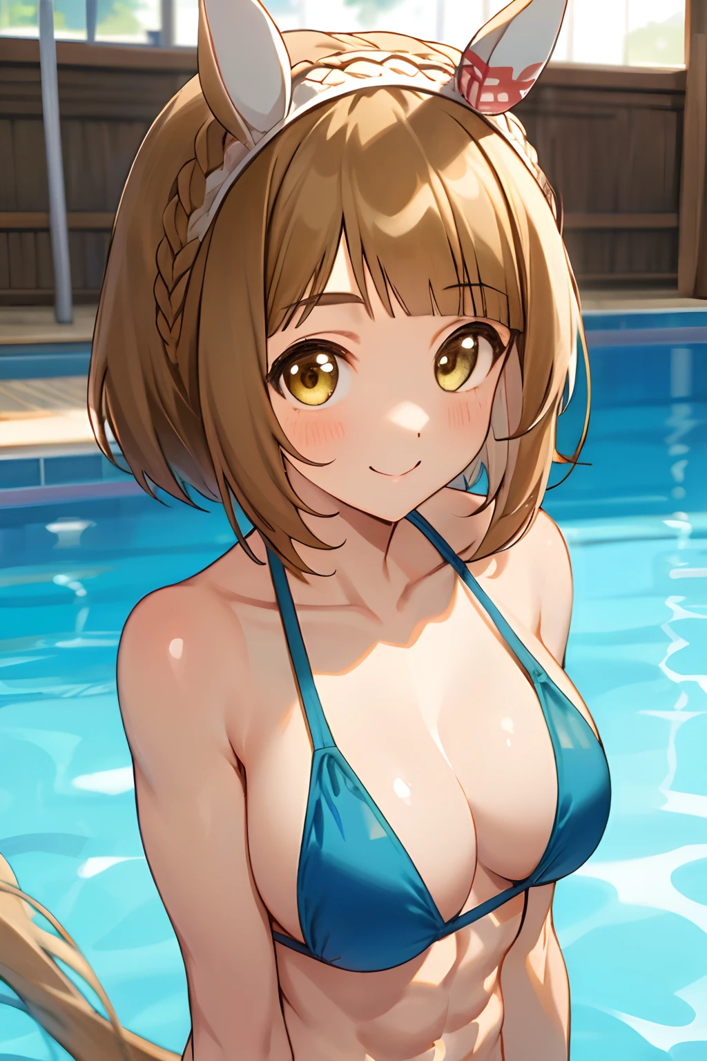 yukino bijin \(umamusume\), ((ultra-detailed face)), upper body, masterpiece, best quality, muscular slender girl, abs, plain bikini, horse tail, pool, light smile, detailed clear eyes, frontage