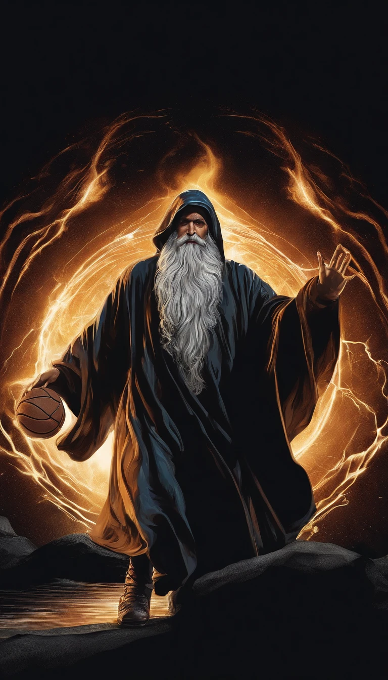 Wizard T-Shirts Vector Print with White Beard Playing Basketball, rayos, magia. Arte de estilo griego fusionado en una epopeya, Imagen detallada. Mastery in quality and lighting. Paisajes impresionantes e impactantes. Dynamic and powerful action. Efectos de sombra y luz mejorados. High-resolution masterpiece. State-of-the-art CG art. Incredible and immersive result.+",fondo negro ,arte png