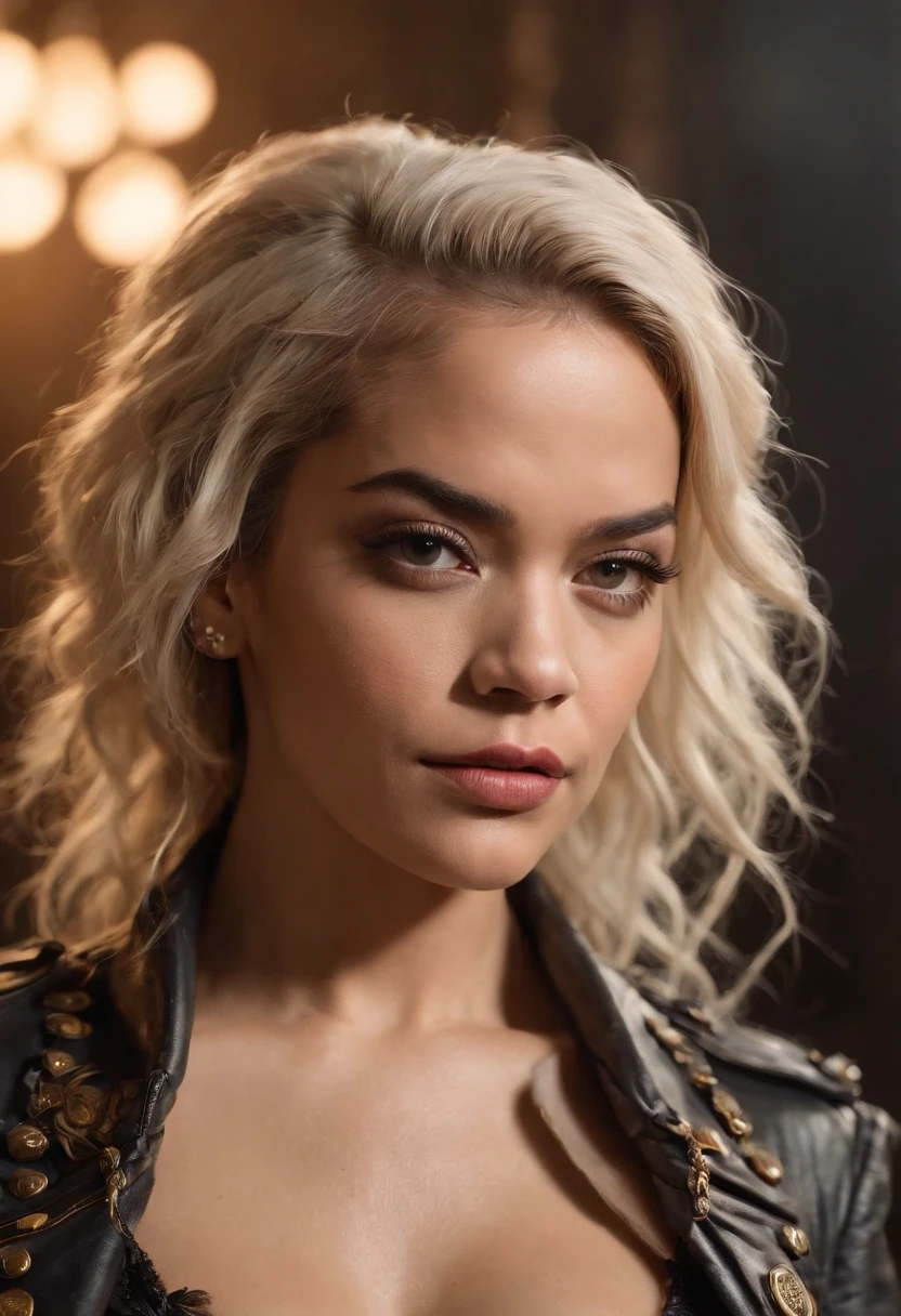 Rita Ora, big visible boobs, naked, full body, sensual look, Kerrigan dreadlocks, Bones and skull, Cyberpunk, steampunk, Splash punk, The female devil in the background author Rowena Merrill Stika Boris Vallejo Caravaggio Philippe Druilet Andrei Ryabovichchev Whelan