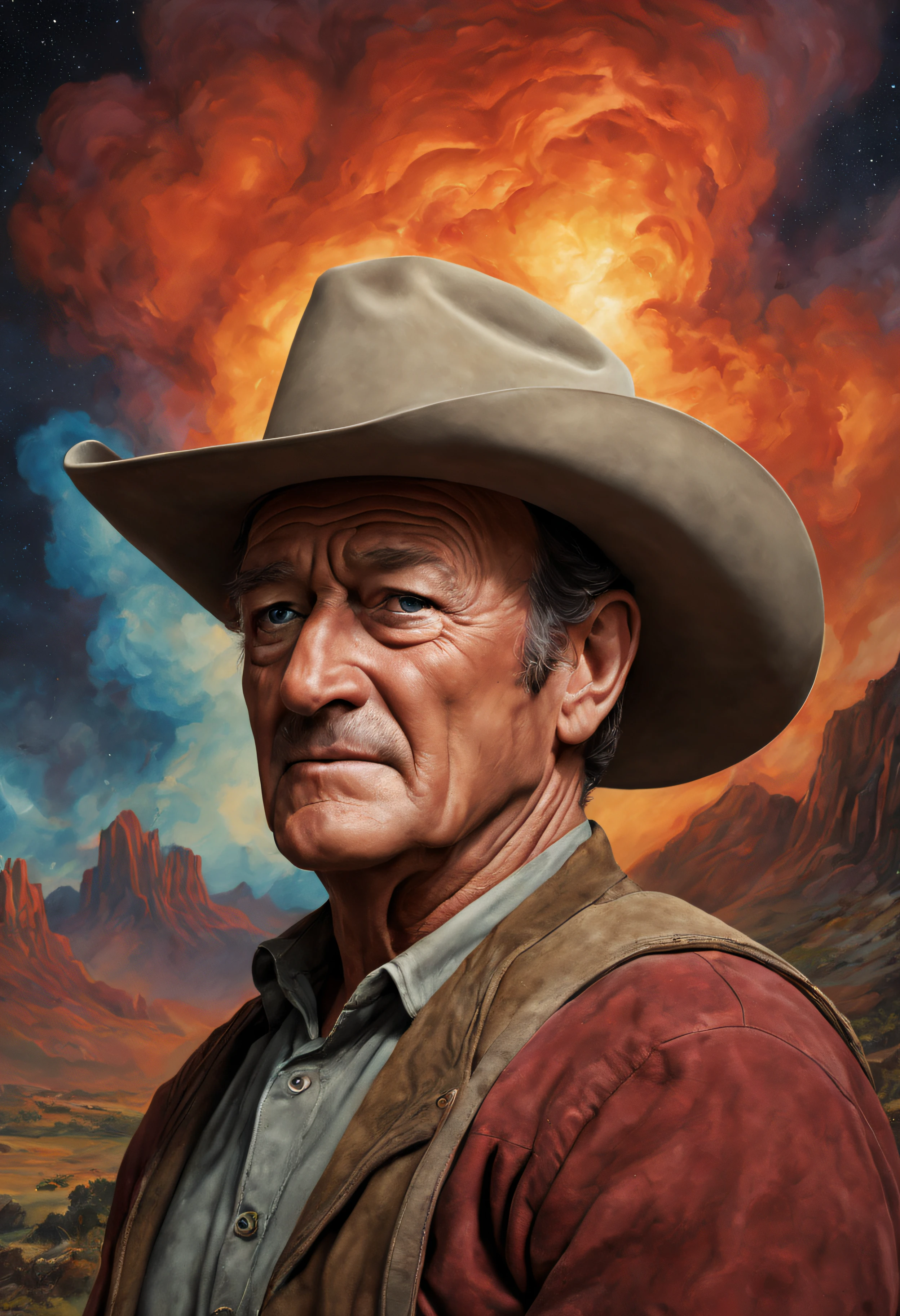 a facial portrait of John Wayne, oil painting on canvas in the art style of Caravaggio, Thomas Kinkade, Neal Adams, Frank Frazetta, Boris Vallejo, Rembrandt, extremely colorful, outer space, planets, stars, galaxies, fire, explosions, smoke, volcanic lava, craggy mountain peaks in the background, 32k UHD, 1080p, hyper realistic, photorealistic, realistic, 1200ppi, 2000dpi, Highly detailed, extremely sharp, vibrant, colorful, well lit, full field of depth, professional quality studio image