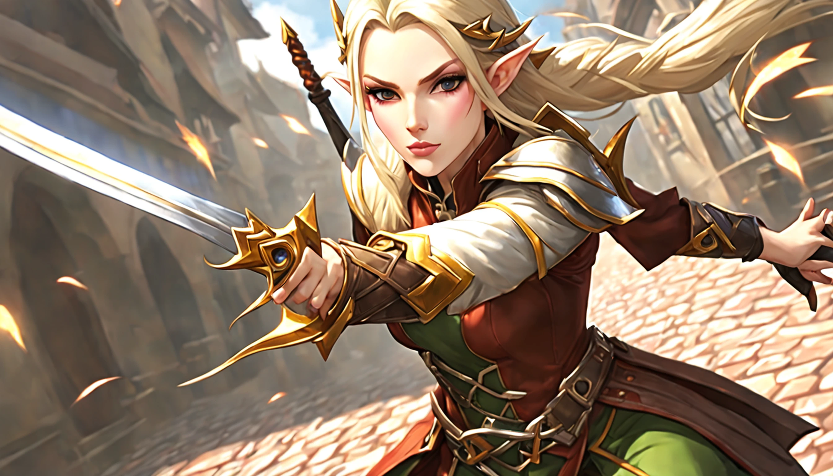 an image of a female elf (Detalhes intensos, master part, melhor qualidade: 1.5) fantasia swashbuckler, esgrimista de fantasia, armado com uma espada fina, Espada Brilhante, metallic luster, roupas coloridas, Dynamic clothing, cute epic female elf (Detalhes intensos, master part, melhor qualidade: 1.5), Face Ultra Detalhada (Detalhes intensos, master part, melhor qualidade: 1.5), corpo inteiro (Detalhes intensos, master part, melhor qualidade: 1.5), Botas de salto alto, cabelos ricos, braided hair, Orelhas pontiagudas pequenas, Rua Urbana Fantasia (Detalhes intensos, master part, melhor qualidade: 1.5), Capa roxa, Capa comprida (Detalhes intensos, master part, melhor qualidade: 1.5), senso de ousadia, senso de aventura, Detalhes altos, melhor qualidade, 8k, [ultra detalhado], master part, melhor qualidade, (extremamente detalhado), Dynamic angle, tiro ultra largo, fotorrealista, .RAW, arte de fantasia, arte dnd,arte de fantasia, arte realista, octane rendering@