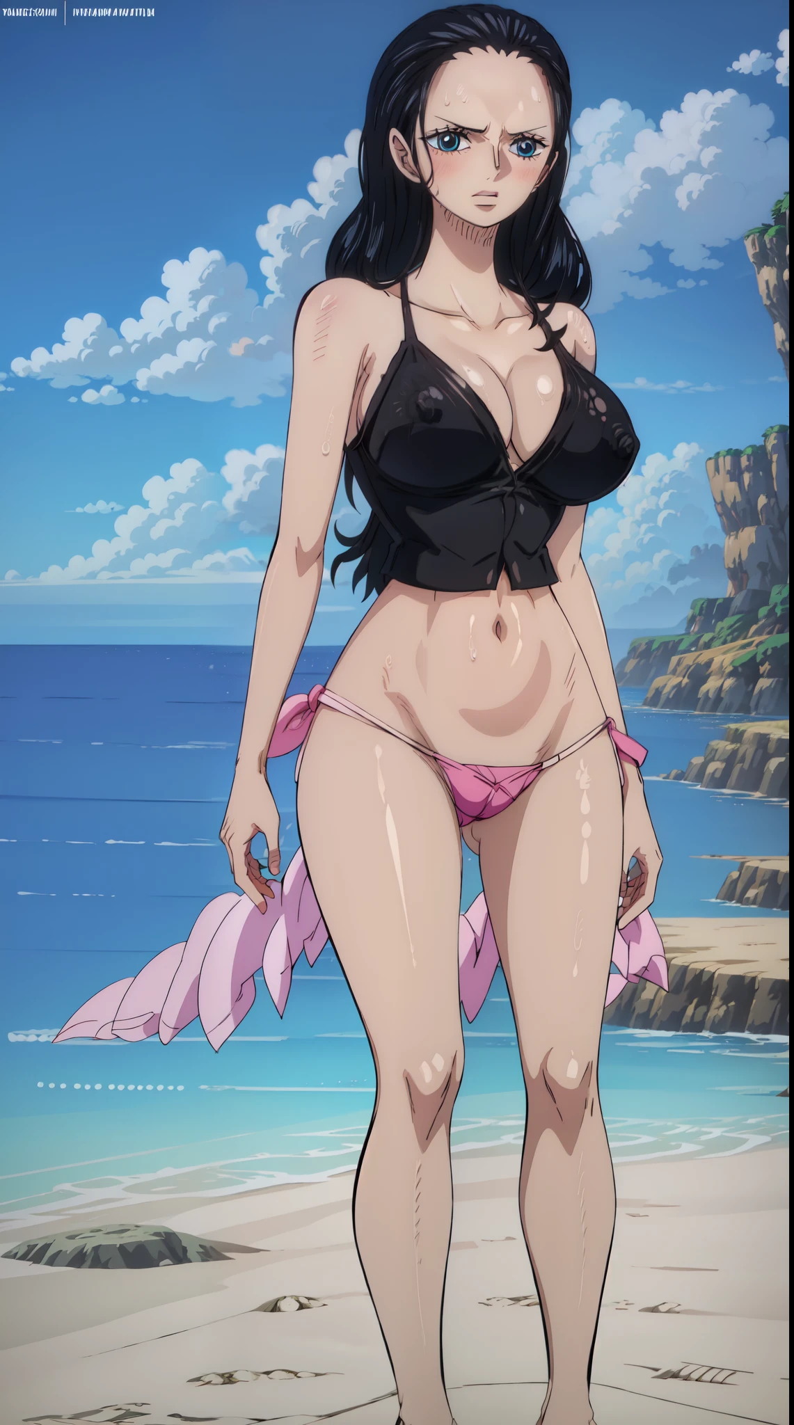 Nico Robin from one piece, black long hair, blue eyes, dark wide pupils, blushing, big breasts, side boobs, wearing mini thong bikini, standing in the beach, dynamic view, dynamic pose, cinematic view, sunrise, shiny skin, wet body, abs, close up view, half body view,