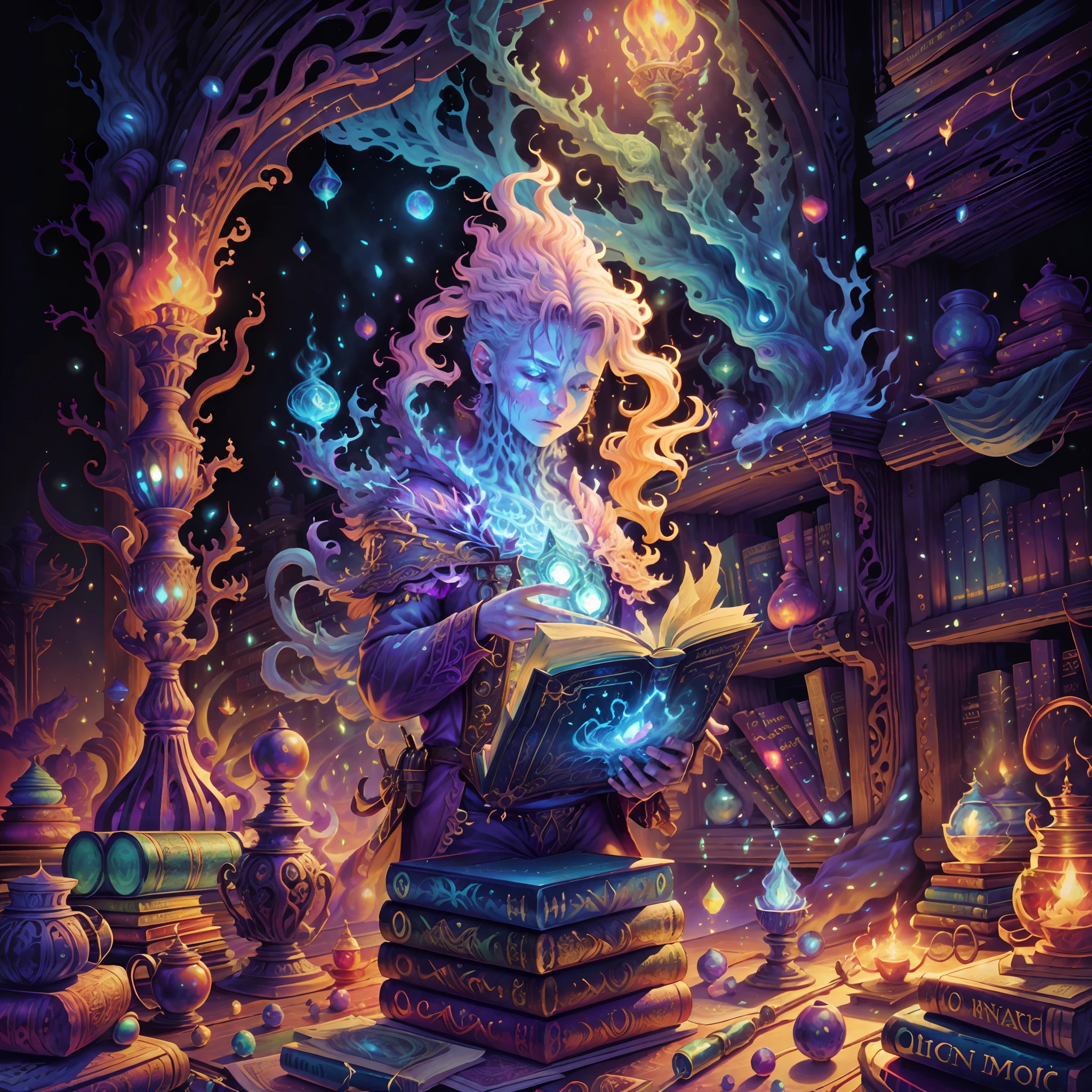 A fantastic and magical library, countless tomes line the shelves, each brimming with the promise of enchantment and mystique. This extraordinary repository contains volumes filled with spells, incantations, and arcane knowledge. The very air is charged with an otherworldly energy, and as you navigate the labyrinthine aisles, you can't help but feel the potent allure of magic that surrounds you, waiting to be explored within the pages of these ancient books.