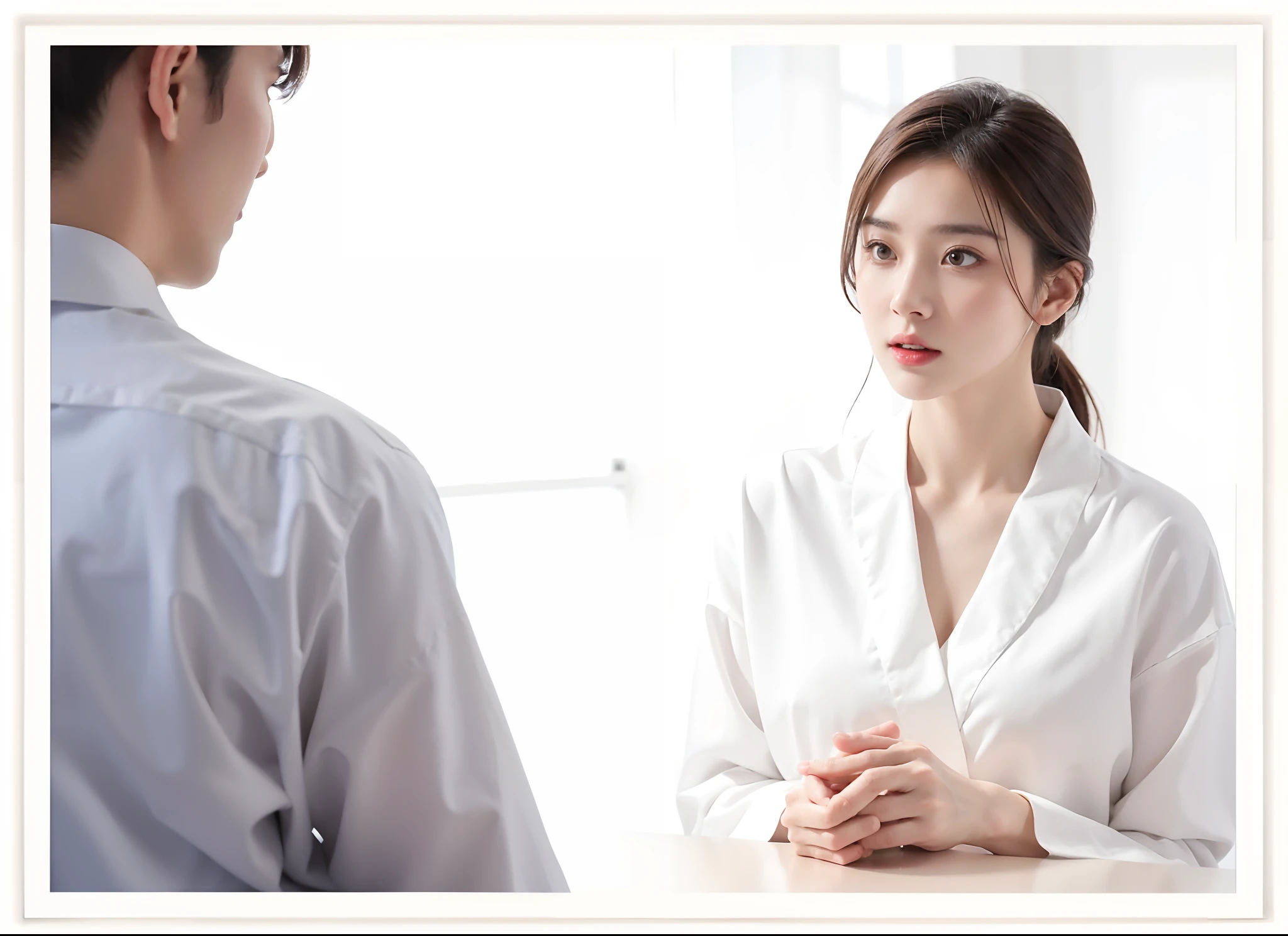 Ala Fed woman in white shirt sitting at table with man, advertisement picture, looking at each other mindlessly, promo image, Innocent look, doctor, Innocent face, wearing a white robe, Single image, cinematic scene, wearing lab coat and a blouse, full color still, background-image, jia, Handsome, Highlight, commercial banner, portrait shot
