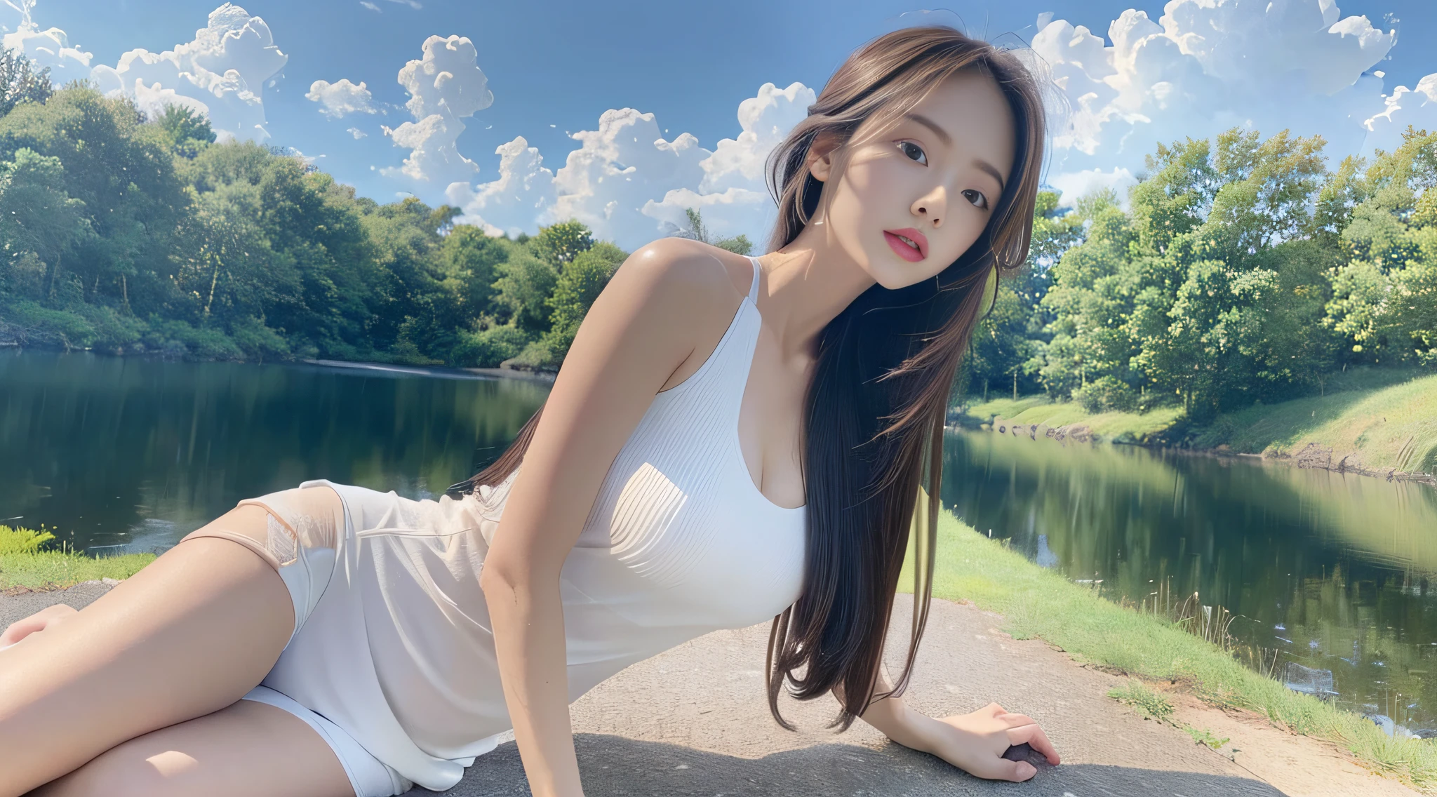 (1 Korean star with royal sister style), ((Best quality, 8K, 巨作: 1.3)), focal point: 1.2, Perfect body proportions: 1.4, (Make a smile), (Sunset: 1.3),  Watery eyes, Highly Detailed Face and Skin Textur, Fine eyes, Double eyelids, Whitens the skin, (long whitr hair, Air bangs: 1.3), (Round face inches: 1.5), (Wet dress dress: 1.4), （Sketch 1:2，）rural landscape。 （Blue sky and white clouds 1:4）