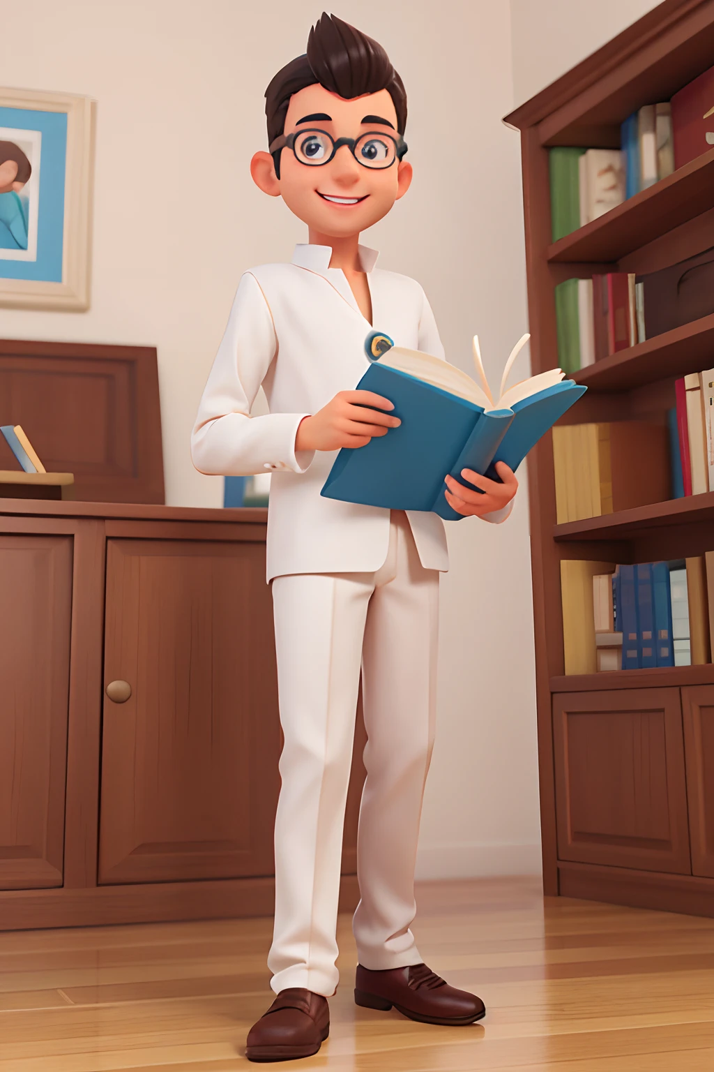 male, estilo cartoon 3d, com cabelos pretos, olhos bonitos, bespectacled, roupa de professora, with books in hand, sorriso lindo, fundo totalmente branco