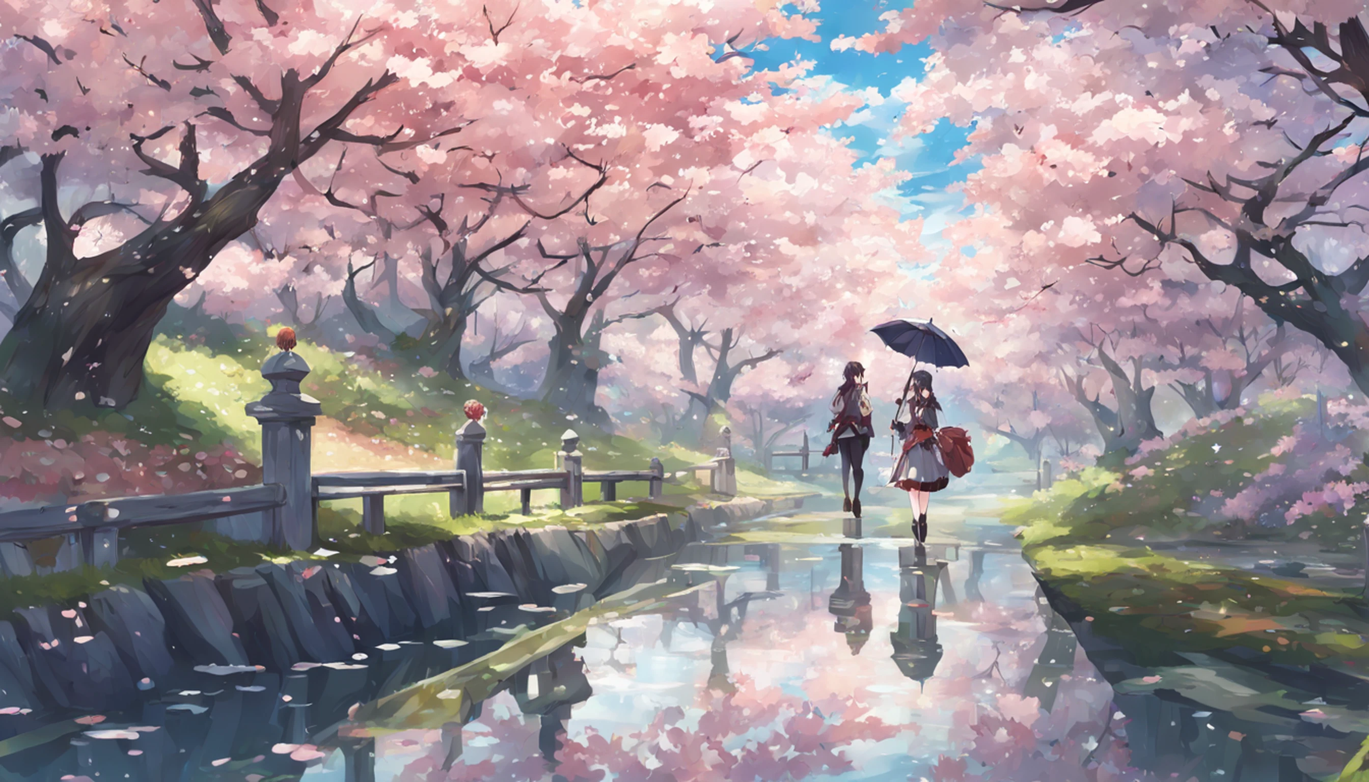 Impacto Genshin, Kamisato Ayaka Caminhando, sakura trees, flor de cerejeira, segurando guarda-chuva, Beautiful, highly detailed scenery, fofo