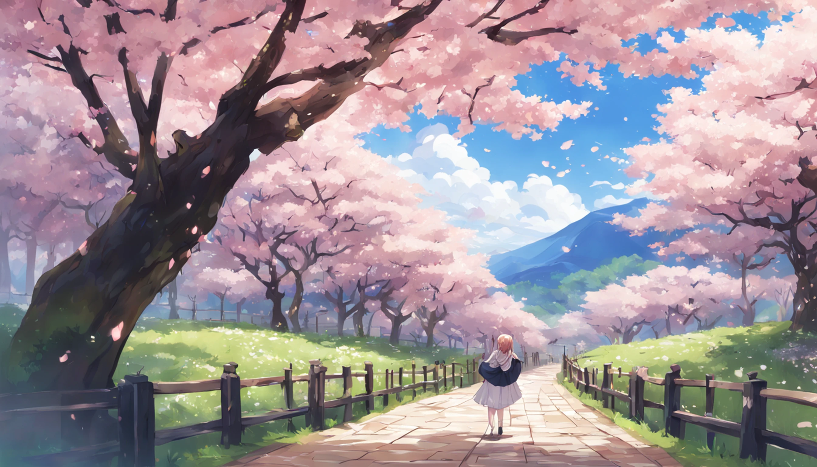 Impacto Genshin, Kamisato Ayaka Caminhando, sakura trees, flor de cerejeira, segurando guarda-chuva, Beautiful, highly detailed scenery, fofo