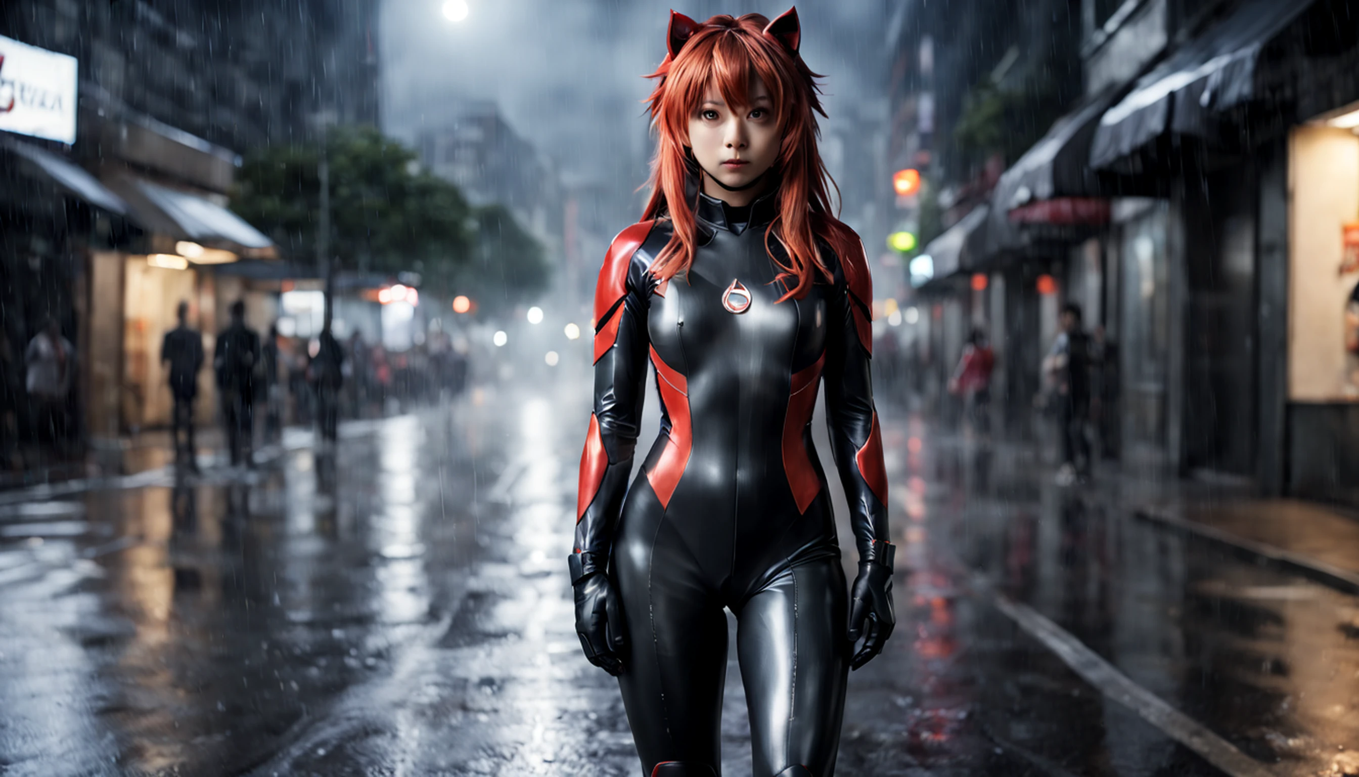 best quality, masterpiece, realistic, photorealistic, 1girl, solo, looking at viewer, full body, standing, long hair, asuka cosplay costume, cosplay, plugsuit, , hair ornament, detailed background, in street, night, light, rain,
