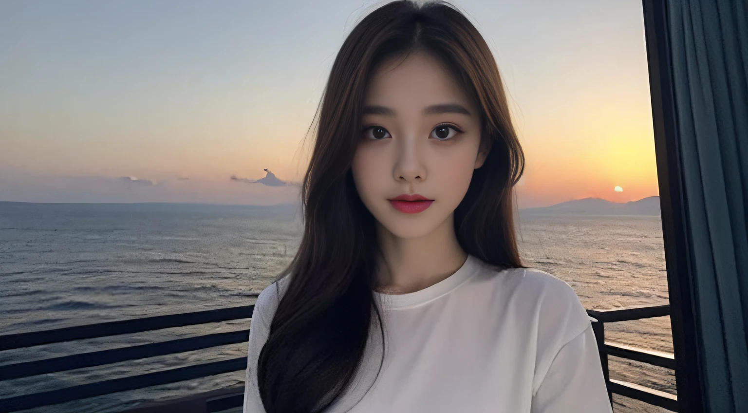 （Original photo of 8K，best qualtiy，tmasterpiece：1.2），（Medium view），the night，Night on a yacht，Sea and night view in the background，best qualtiy，tmasterpiece，（Small mouth：1.2），short- sleeved，short- sleeved，short- sleeved，short- sleeved，an extremely delicate and beautiful one，，astounding，finely detailled，tmasterpiece，Best quality at best，（age 22：1.2），Narrow waist，Slim，is shy，Pure，adolable，Bushy hair，Soft hair，big breasts beautiful，A detailed eye，（long whitr hair：1.2）