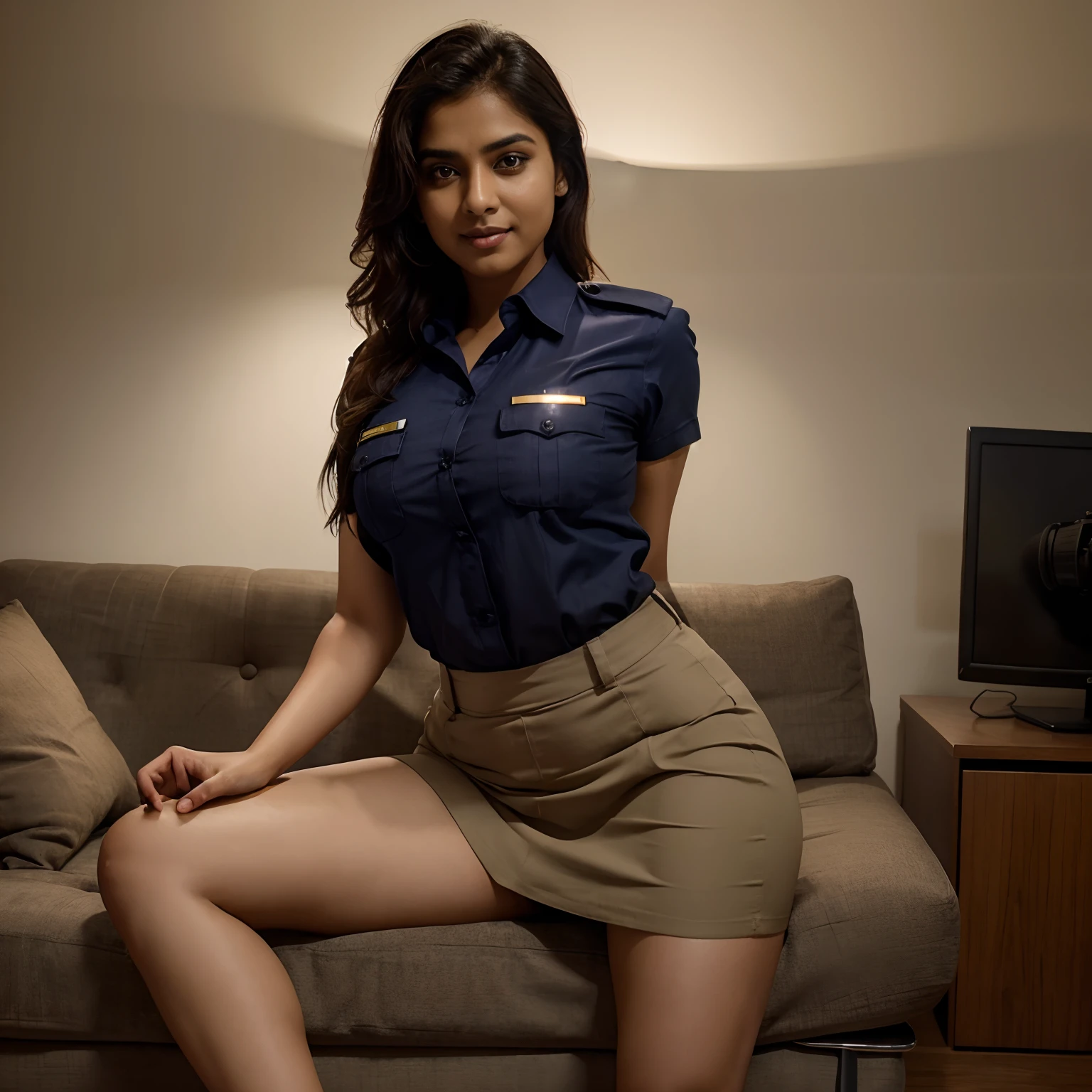 Uniformed Policewoman , realistic, Indian female, wearing a khakee shirt and pencil skirt whose hemline reaches her calves, curvy legs,seated on a sofa, studio lighting, cinematic light, beautiful woman, perfect anatomy, smile, bioluminescent,8k Resolution, full picture