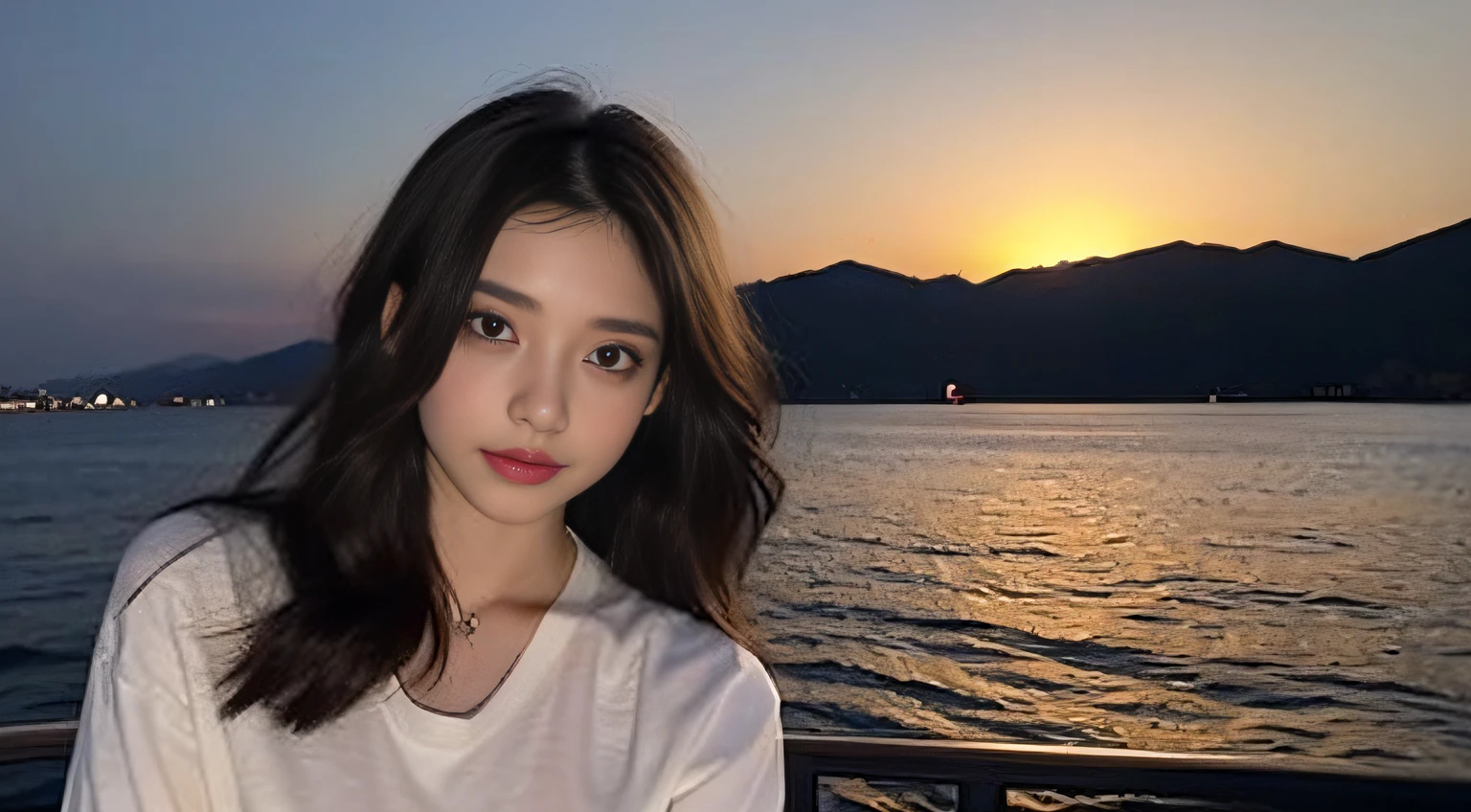 (Original photo of 8K,best qualtiy,tmasterpiece:1.2),(Medium view),the night,Night on a yacht,Sea and night view in the background,best qualtiy,tmasterpiece,(Small mouth:1.2),short- sleeved,short- sleeved,short- sleeved,short- sleeved,an extremely delicate and beautiful one,,astounding,finely detailled,tmasterpiece,Best quality at best,(age 22:1.2),Narrow waist,Slim,is shy,Pure,adolable,Bushy hair,Soft hair,big breasts beautiful,A detailed eye,(long whitr hair:1.2)