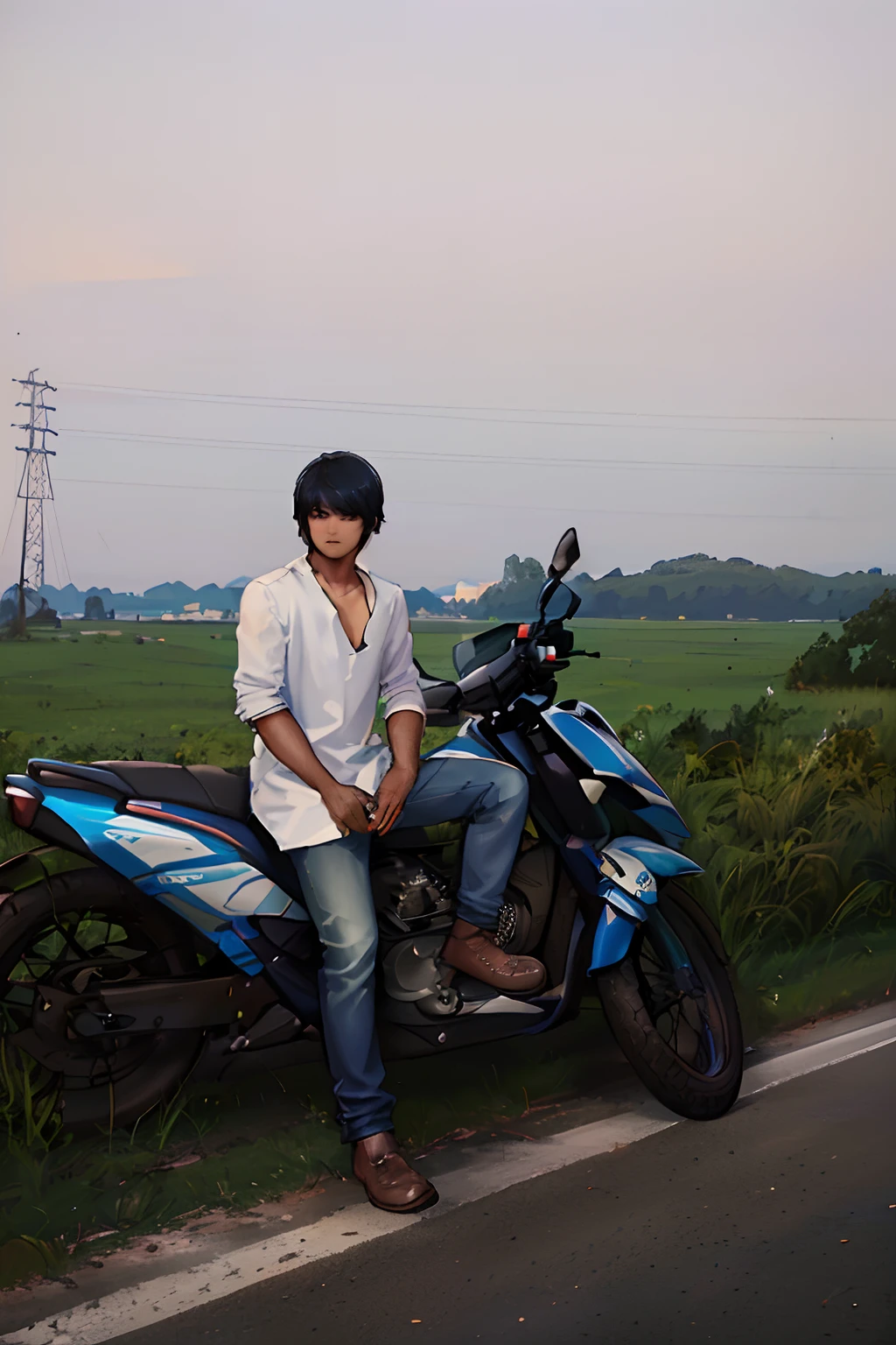there is a man sitting on a blue motorcycle on the side of the road, without helmet, taken with sony alpha 9, with sunset, !! low contrast!!, with lovely look, standing in road, on a road, full body photogenic shot, candid picture, indian, taken with the best dlsr camera, very very low quality picture, with a cool pose