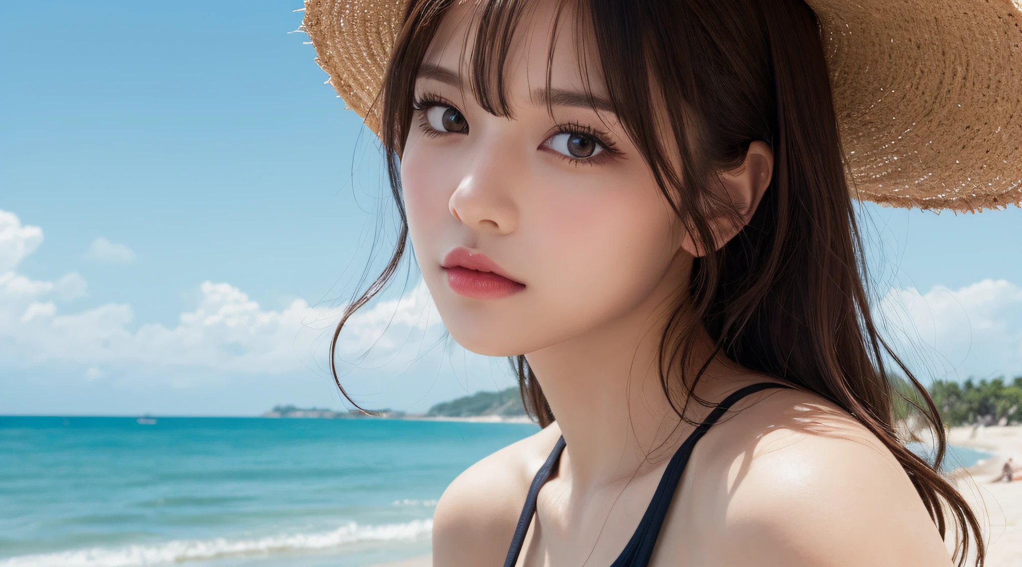 masutepiece, Best Quality, Illustration, Ultra-detailed, finely detail, hight resolution, 8K Wallpaper, Perfect dynamic composition, Beautiful detailed eyes, Swimsuit, Random cute hairstyles, medium breasts, Natural Color Lip,Beach, Random and cute poses,